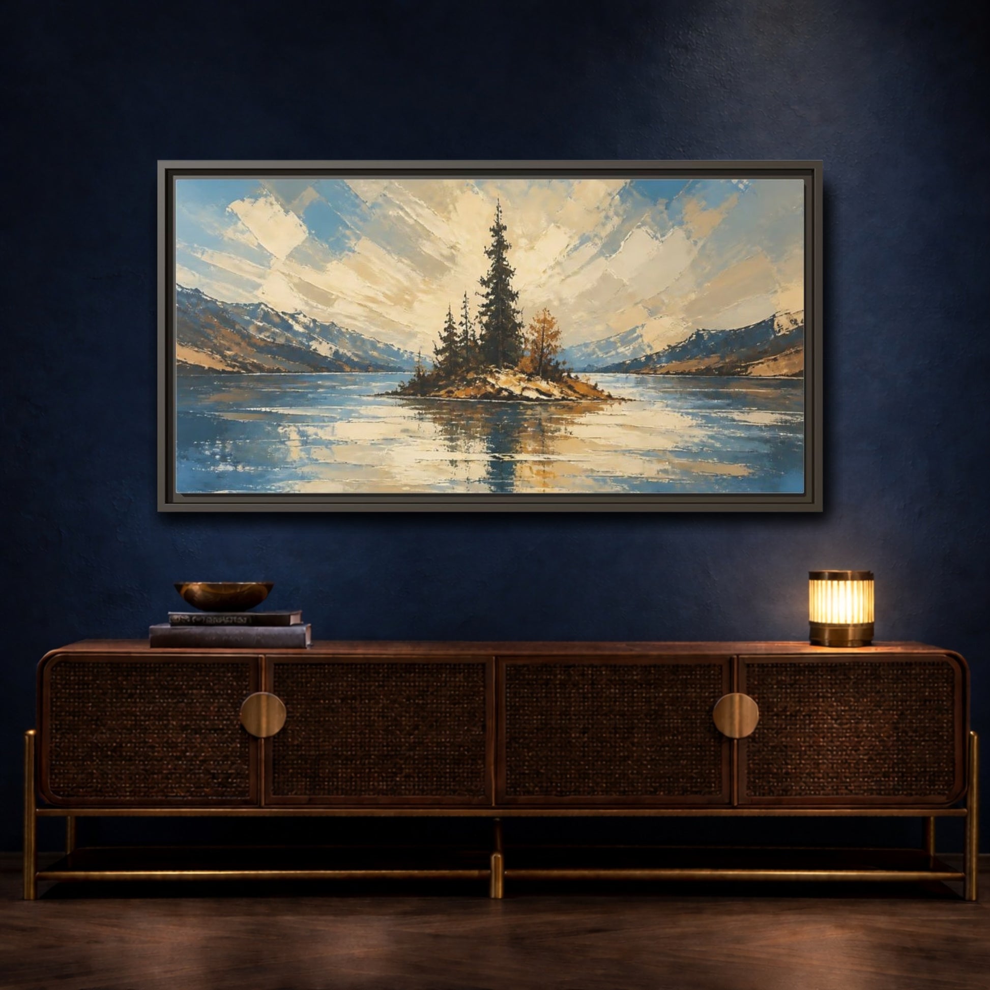Mockup 4. Solitary Pine Island shown as framed canvas print