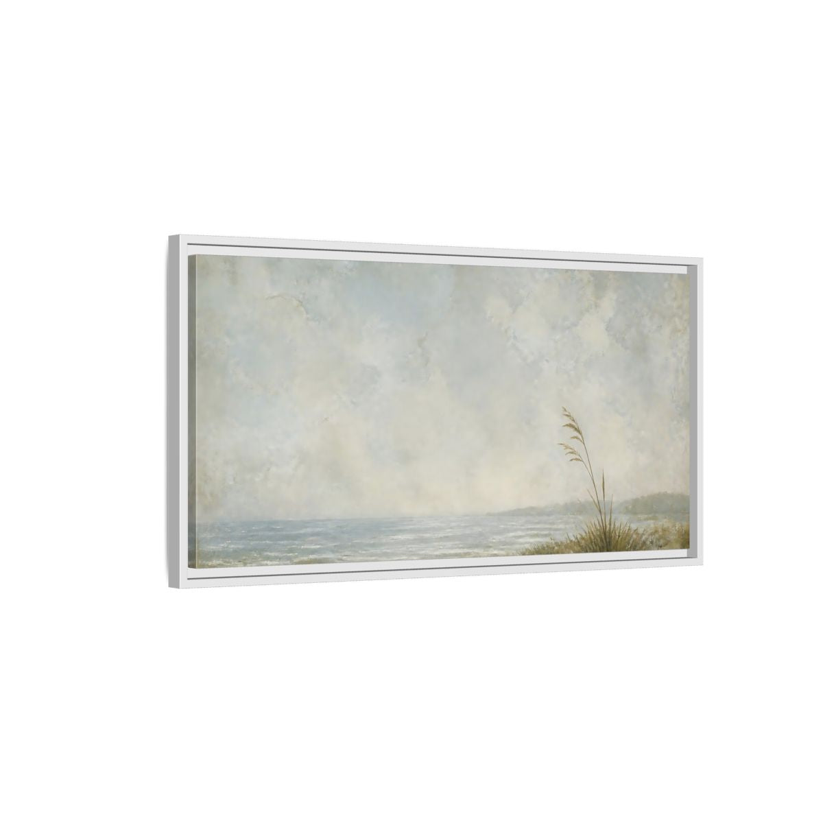 Side Mockup 1. Solitary Reed By Sea shown as framed canvas print