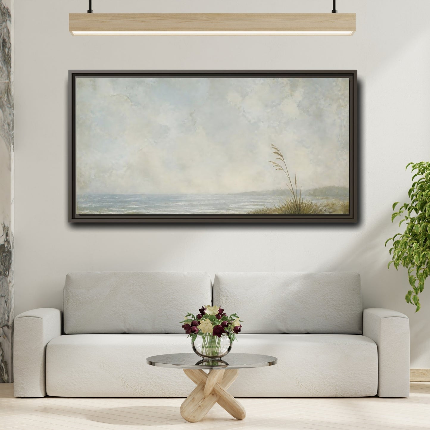 Mockup 2. Solitary Reed By Sea shown as framed canvas print