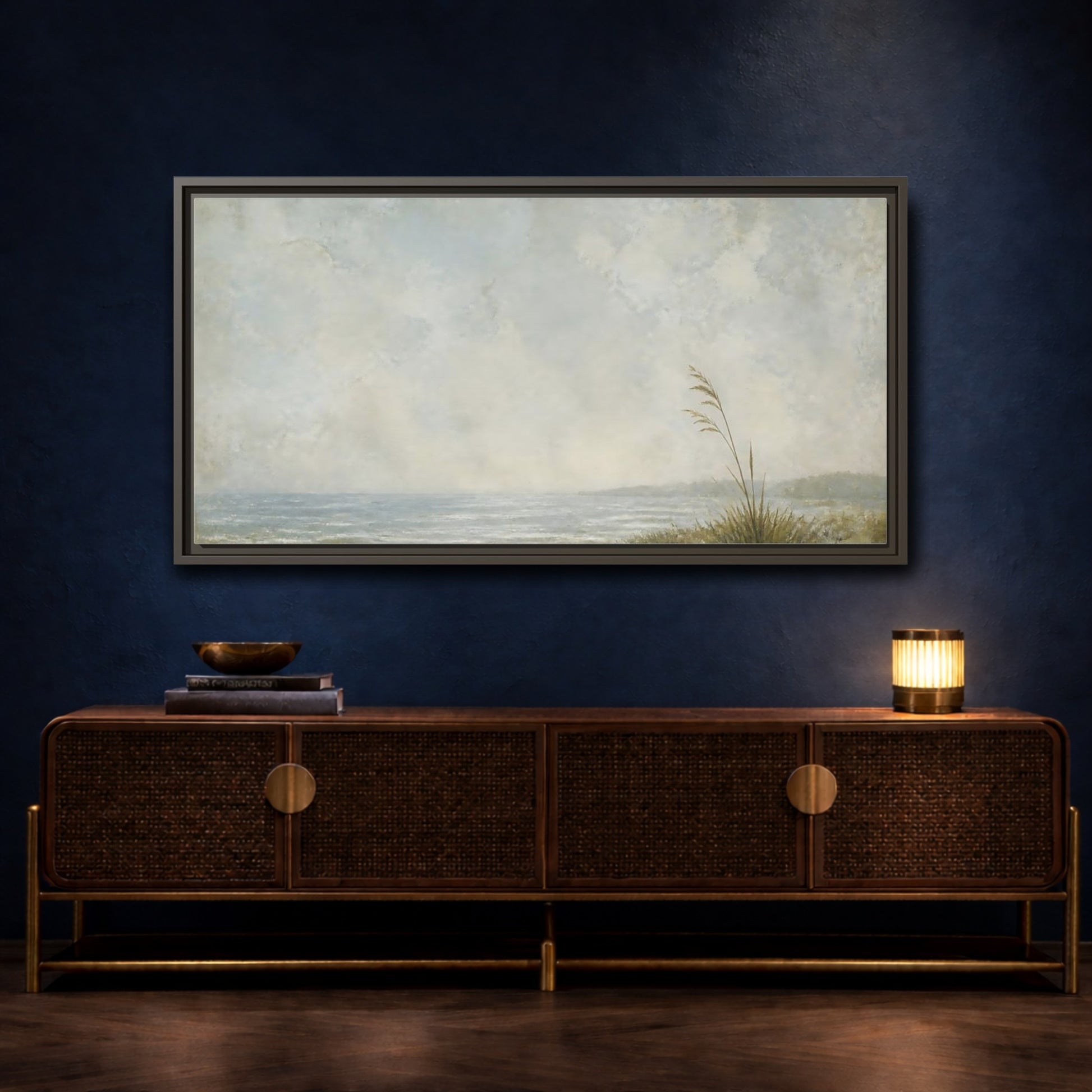 Mockup 4. Solitary Reed By Sea shown as framed canvas print