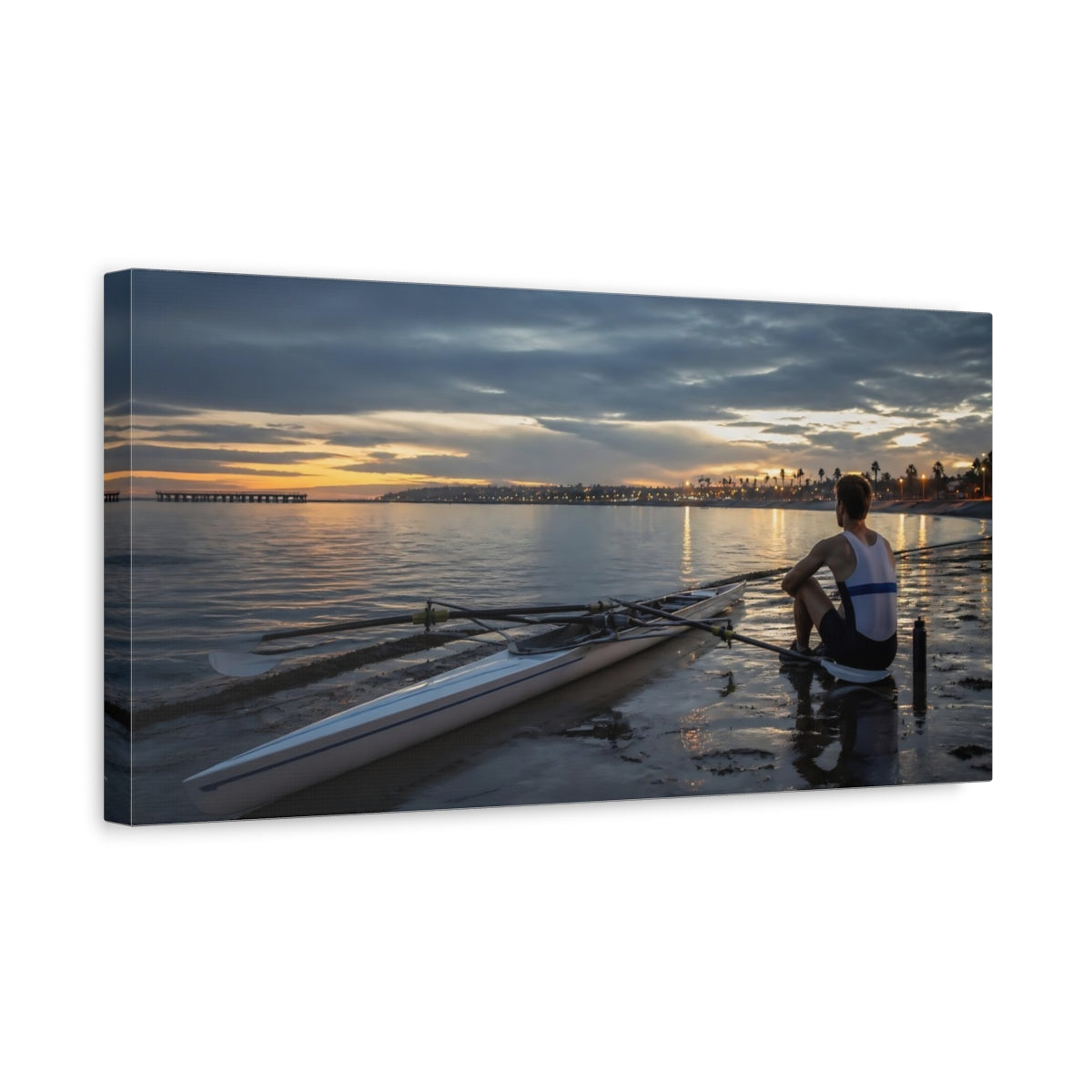 Side Mockup 3. Solitary Rower At Dusk shown as canvas print