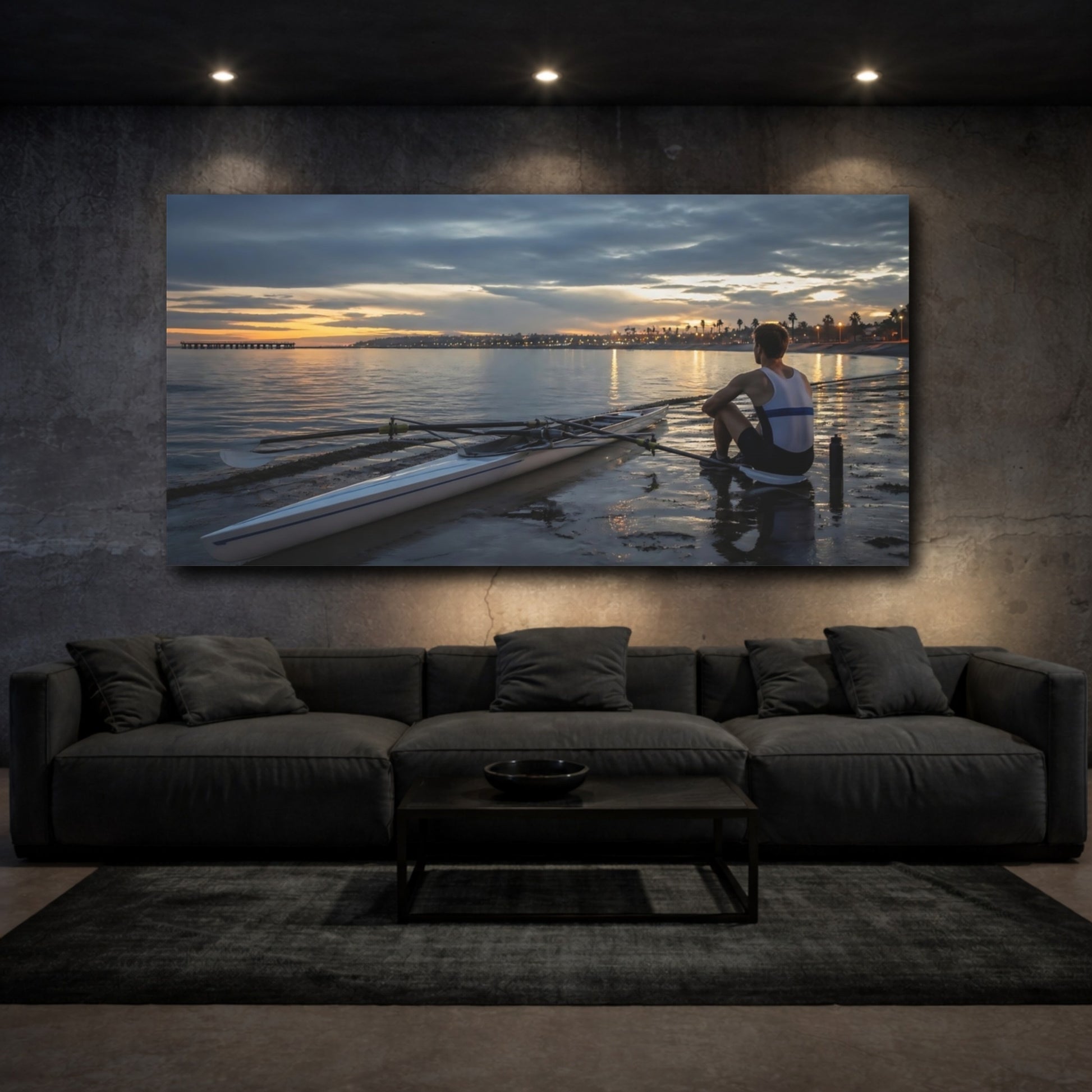 Mockup 3. Solitary Rower At Dusk shown as canvas print