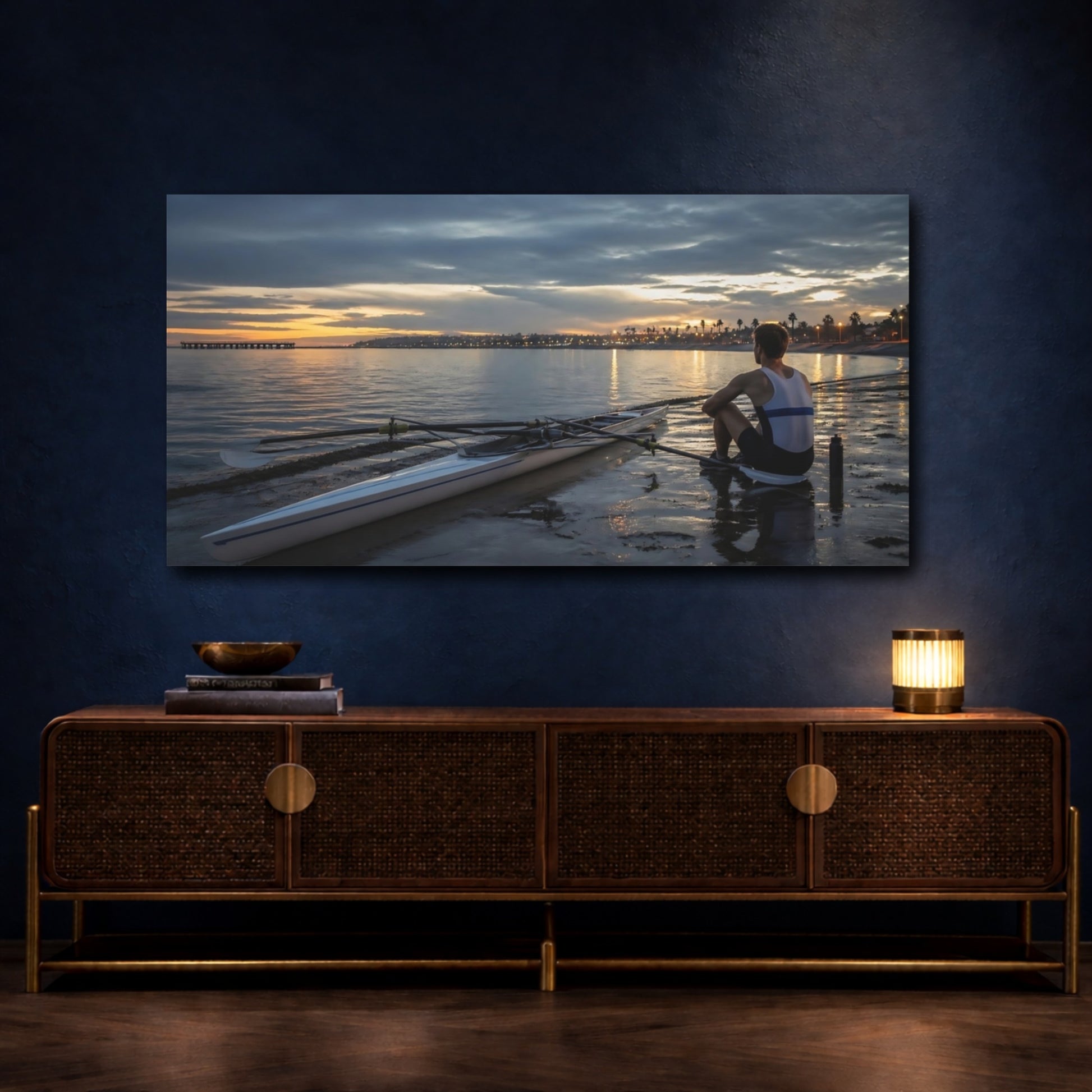 Mockup 4. Solitary Rower At Dusk shown as canvas print