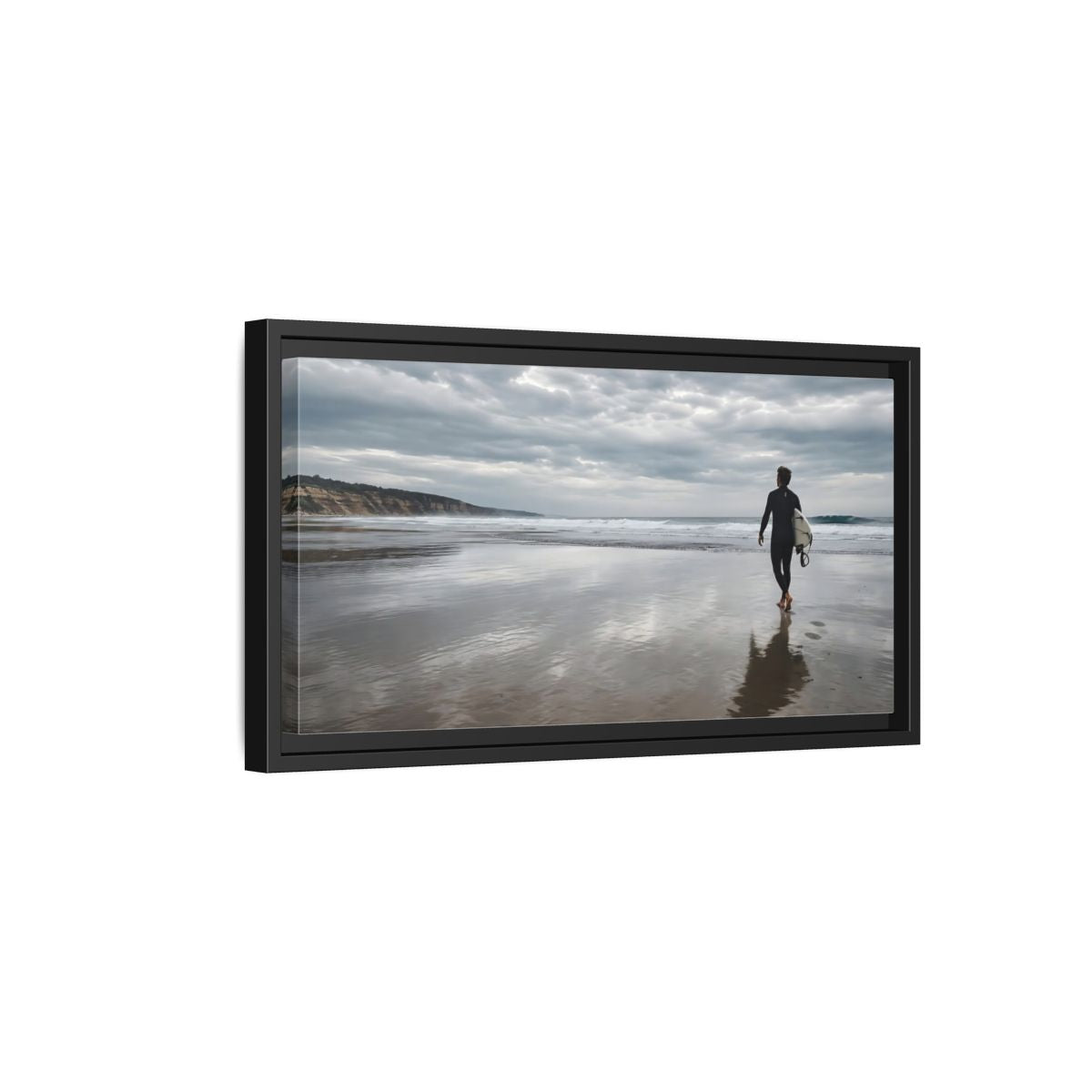 Side Mockup 8. Solitary Surfer Walk shown as framed canvas print