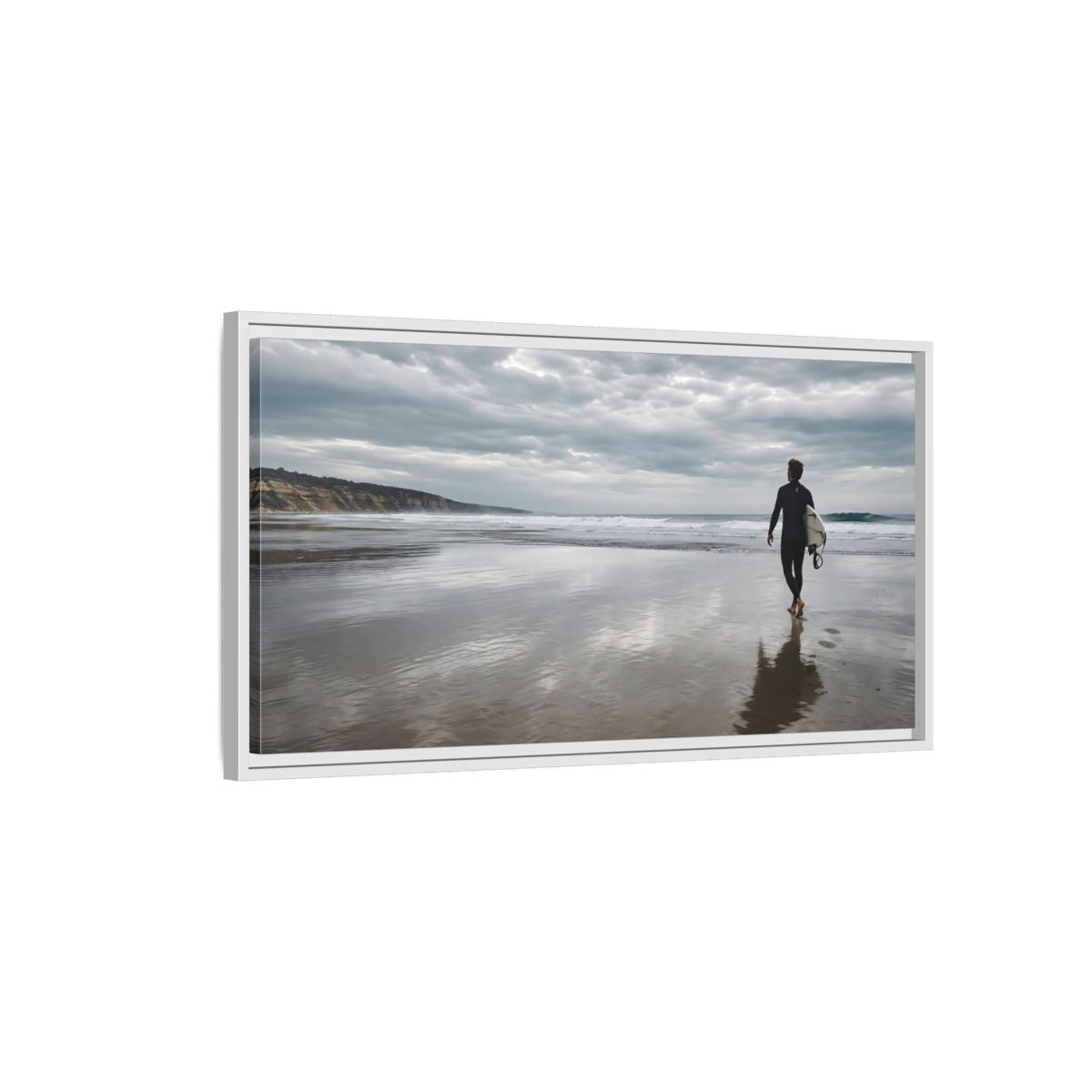 Side Mockup 1. Solitary Surfer Walk shown as framed canvas print
