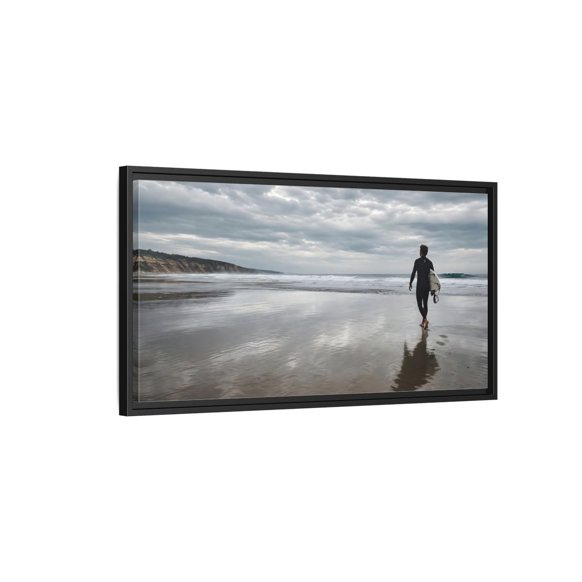 Side Mockup 2. Solitary Surfer Walk shown as framed canvas print