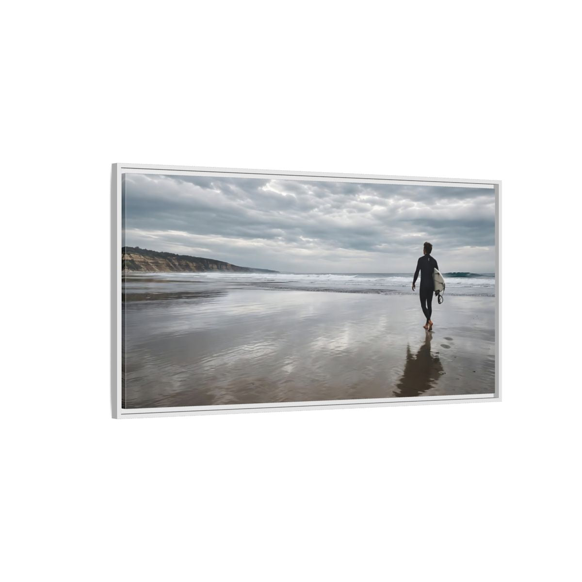 Side Mockup 3. Solitary Surfer Walk shown as framed canvas print