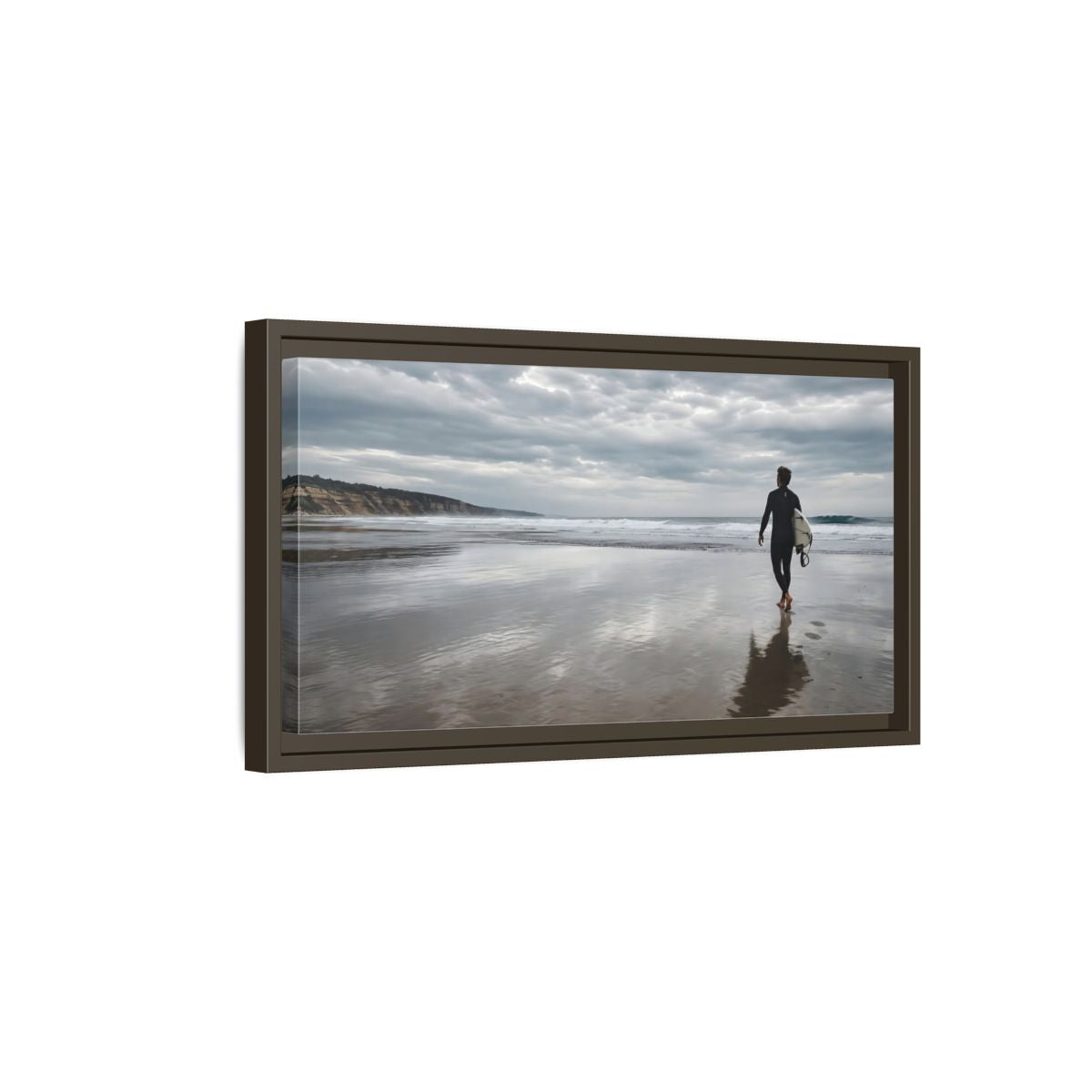 Side Mockup 7. Solitary Surfer Walk shown as framed canvas print