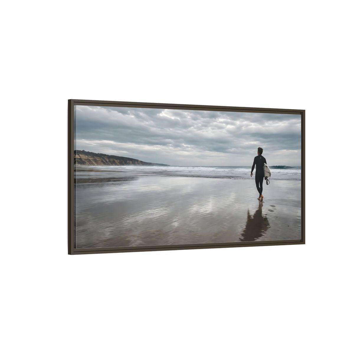 Side Mockup 4. Solitary Surfer Walk shown as framed canvas print
