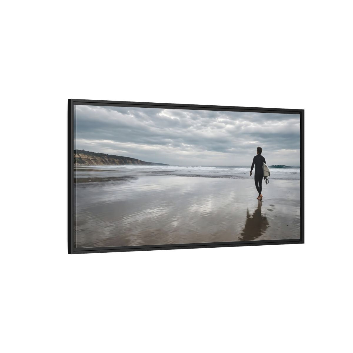 Side Mockup 5. Solitary Surfer Walk shown as framed canvas print