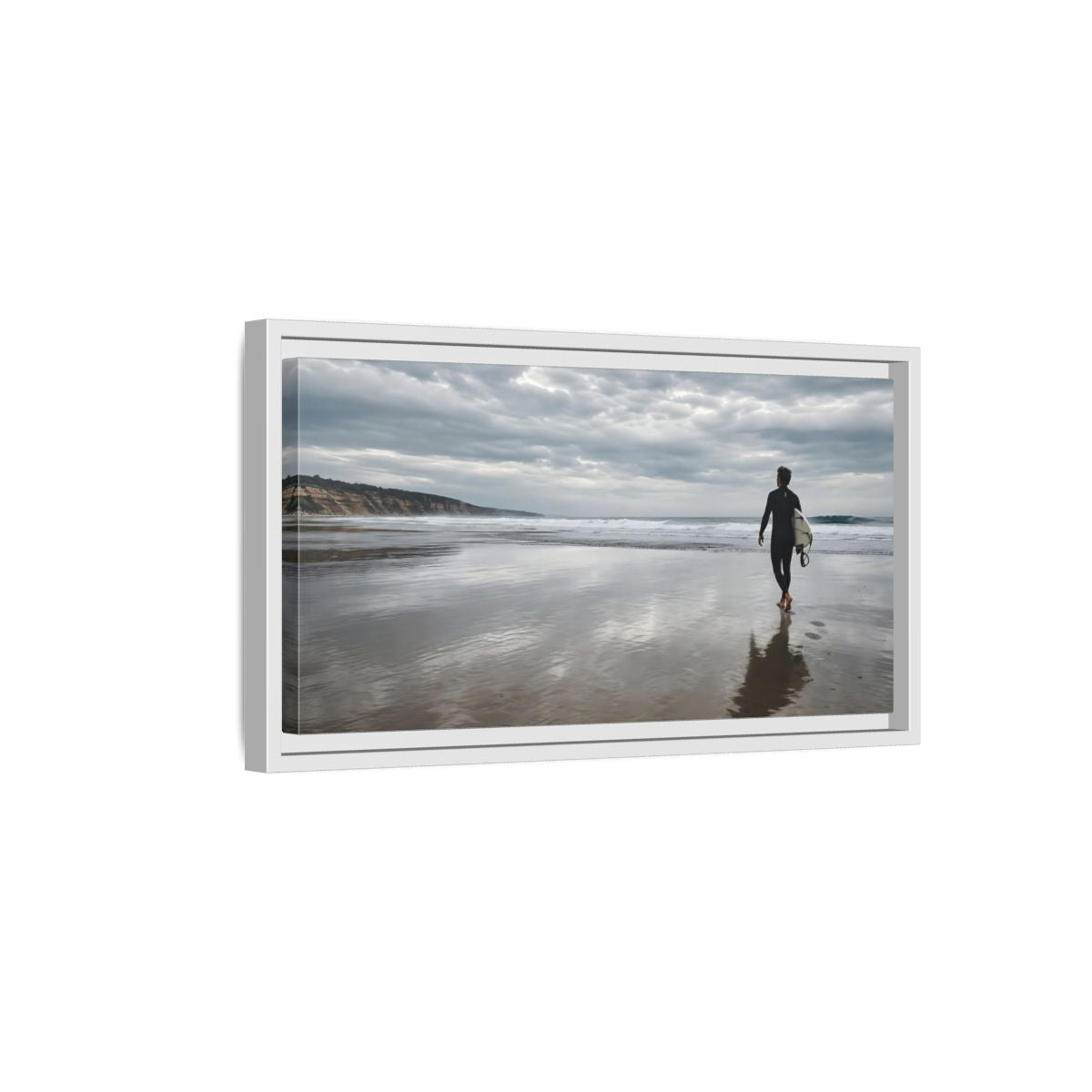 Side Mockup 6. Solitary Surfer Walk shown as framed canvas print