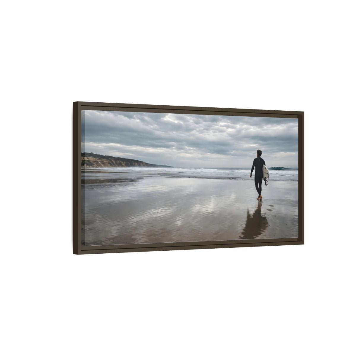 Main Mockup. Solitary Surfer Walk shown as framed canvas print