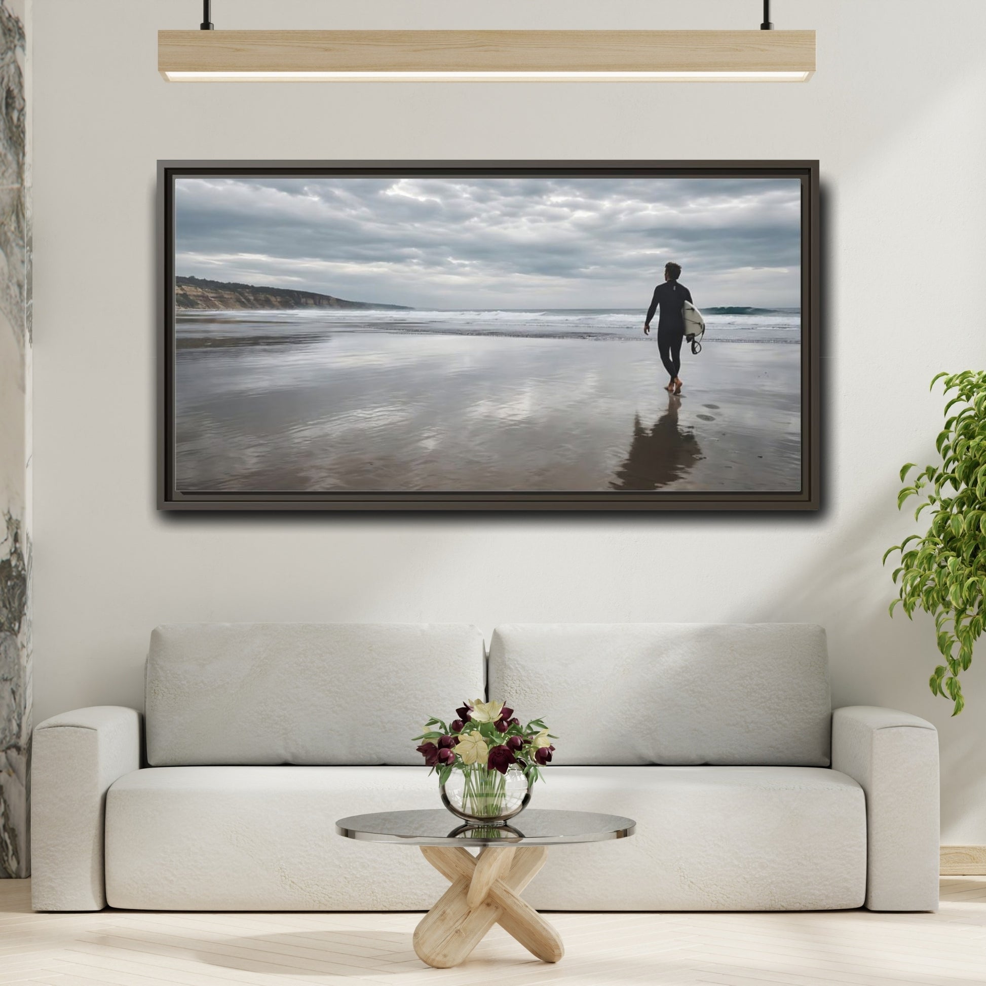 Mockup 2. Solitary Surfer Walk shown as framed canvas print