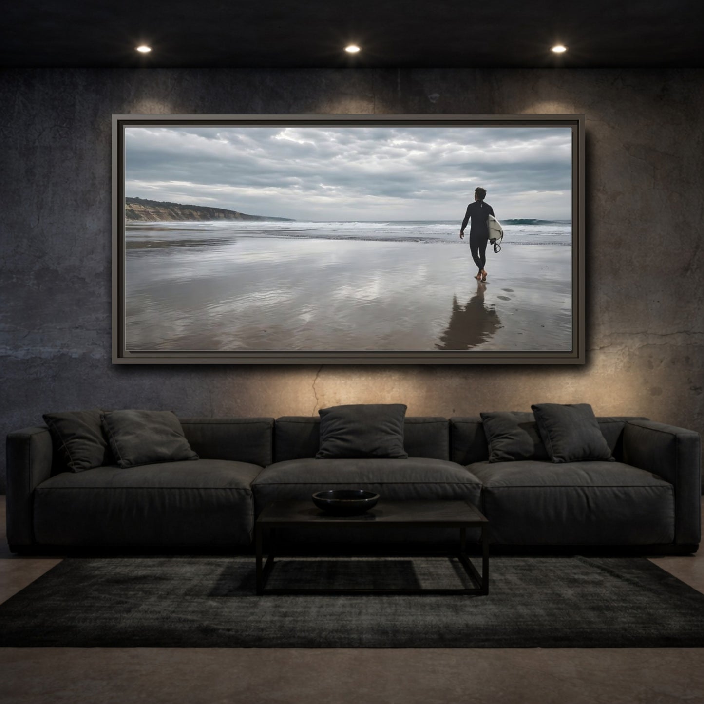 Mockup 3. Solitary Surfer Walk shown as framed canvas print