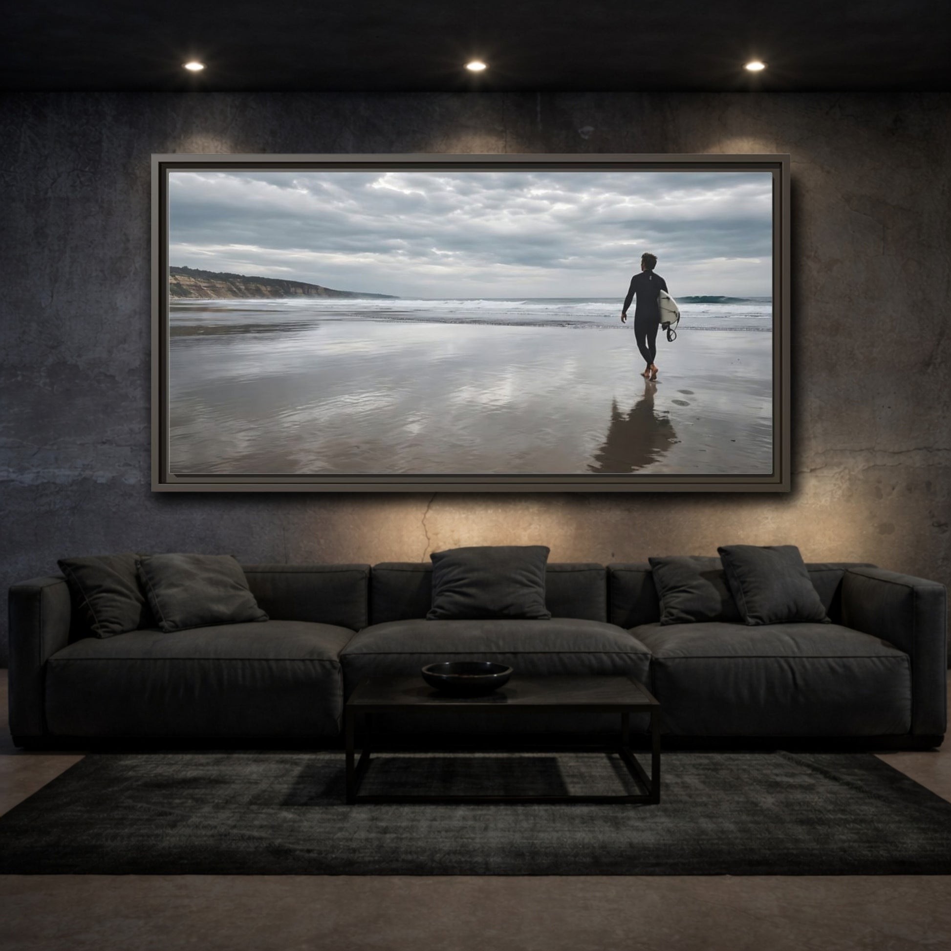 Mockup 3. Solitary Surfer Walk shown as framed canvas print