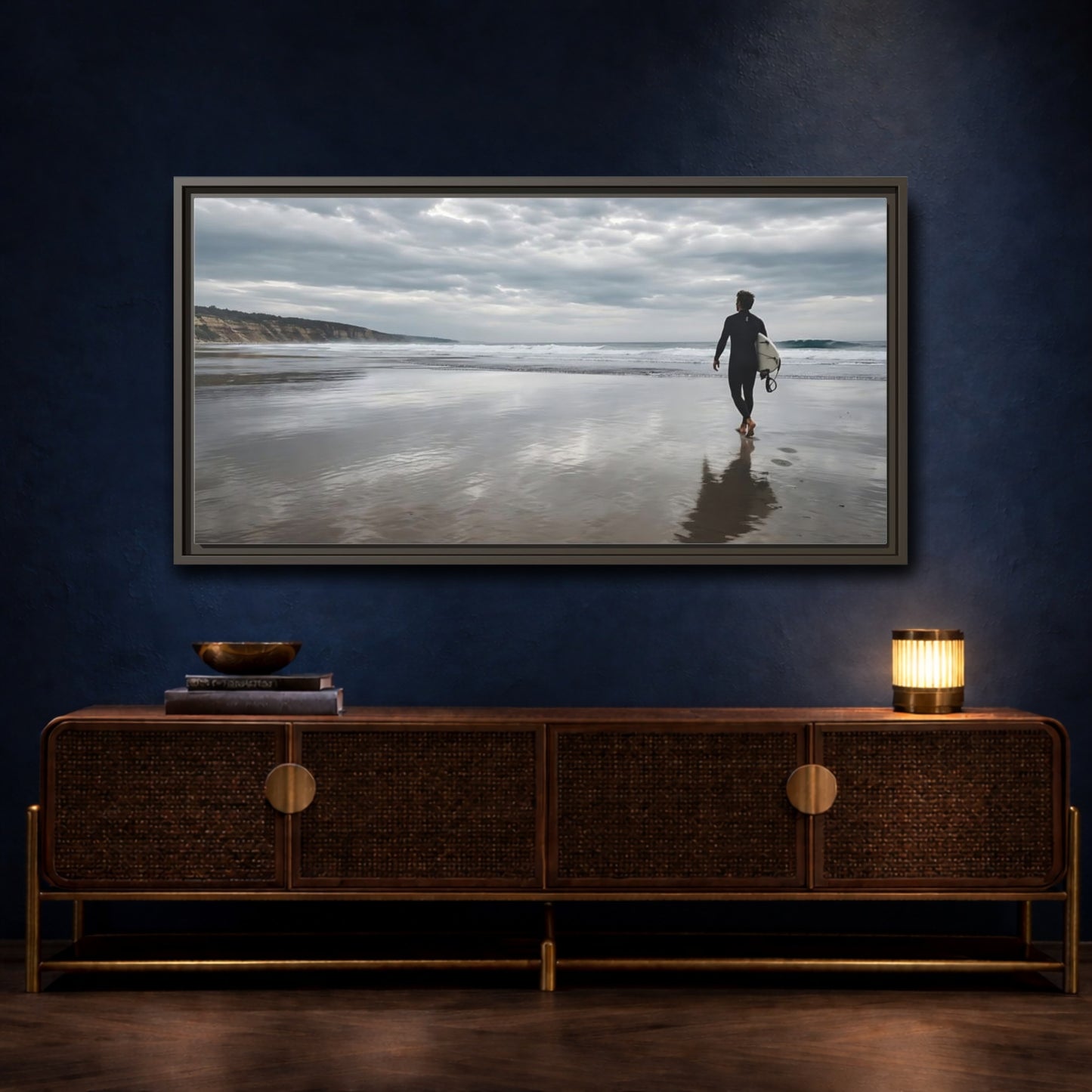 Mockup 4. Solitary Surfer Walk shown as framed canvas print