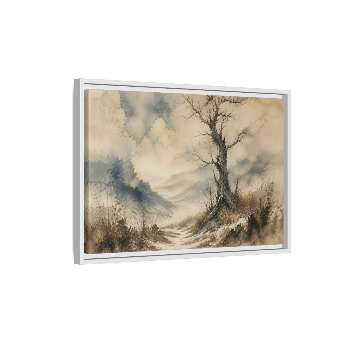 Side Mockup 1. Solitary Winter Tree shown as framed canvas print