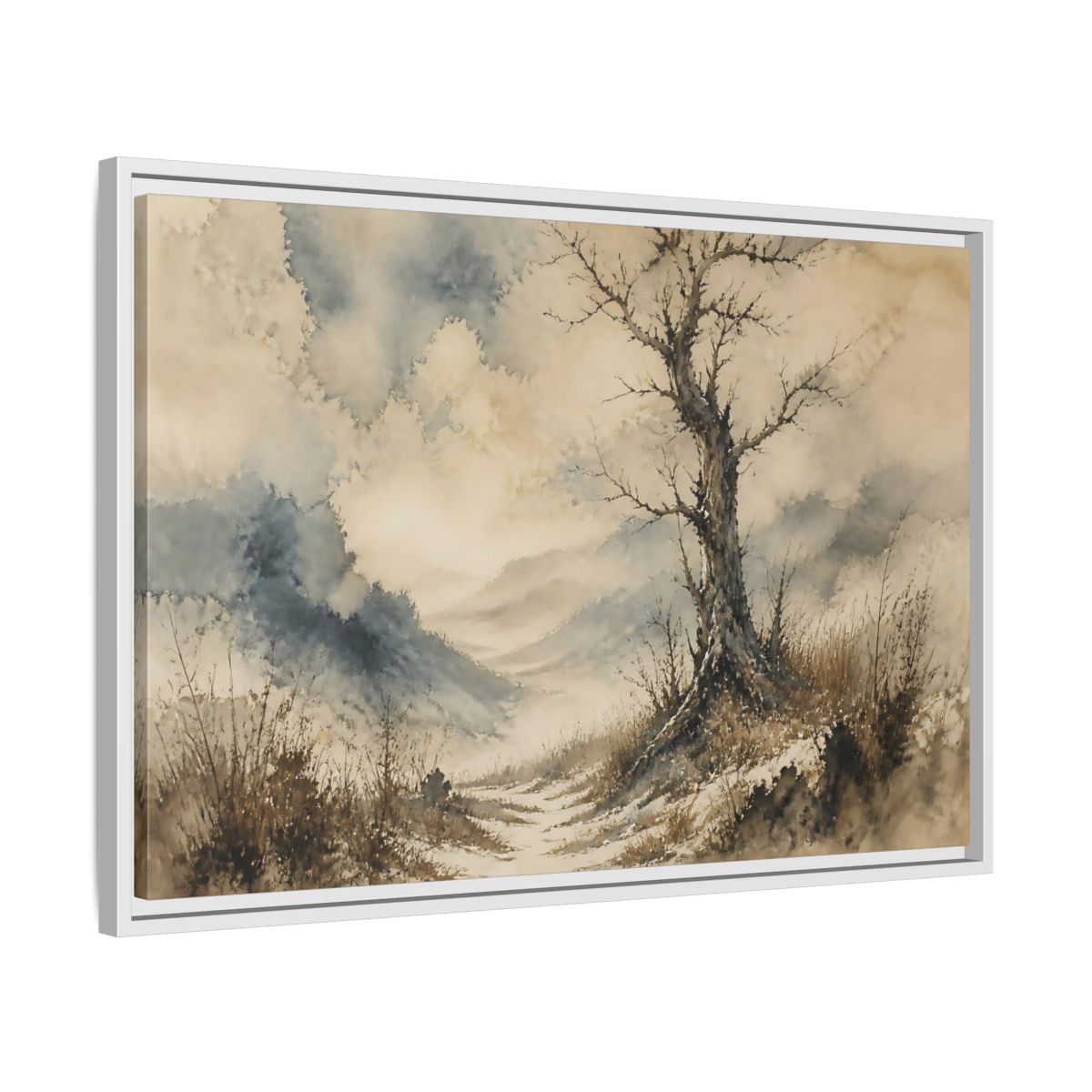 Side Mockup 10. Solitary Winter Tree shown as framed canvas print