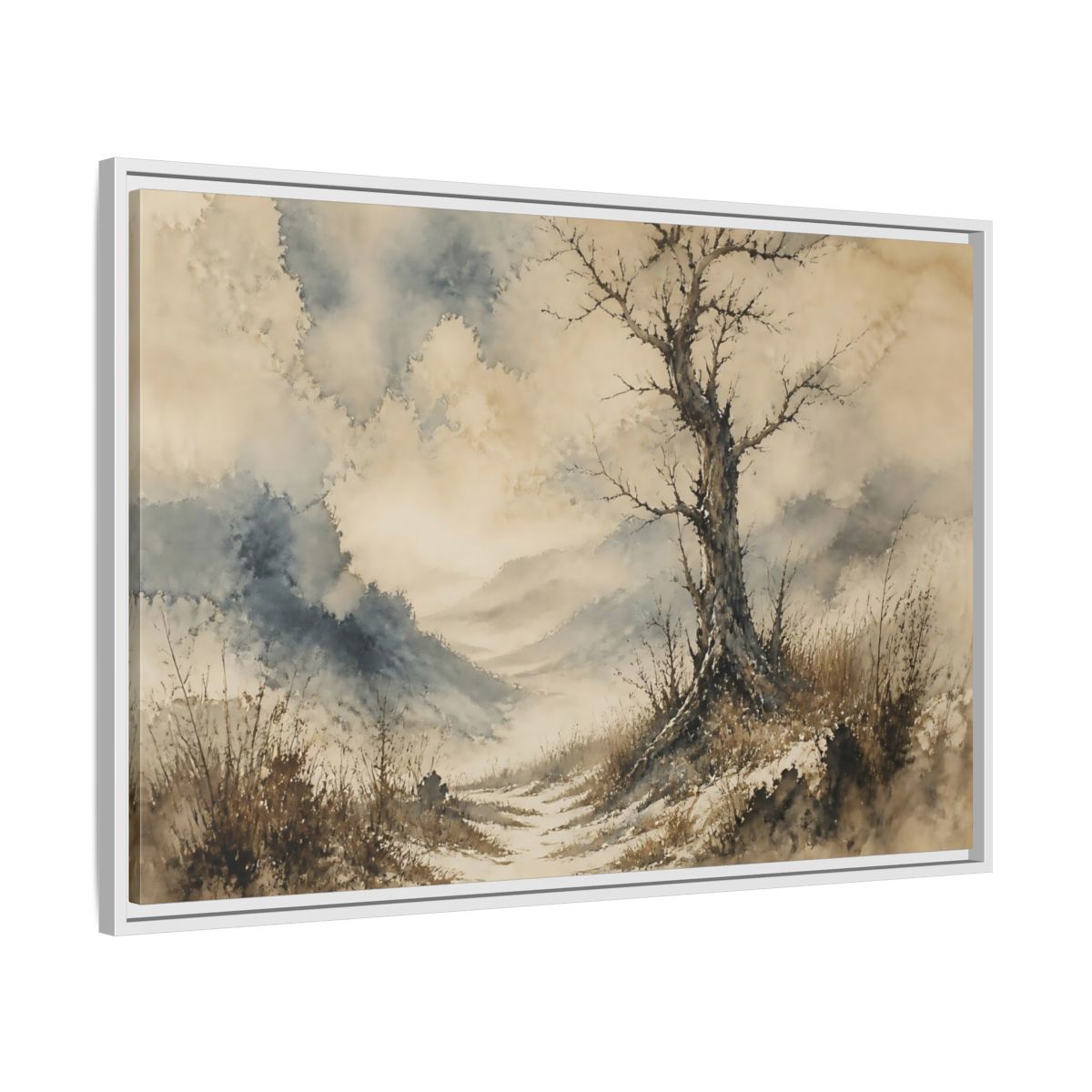 Side Mockup 9. Solitary Winter Tree shown as framed canvas print