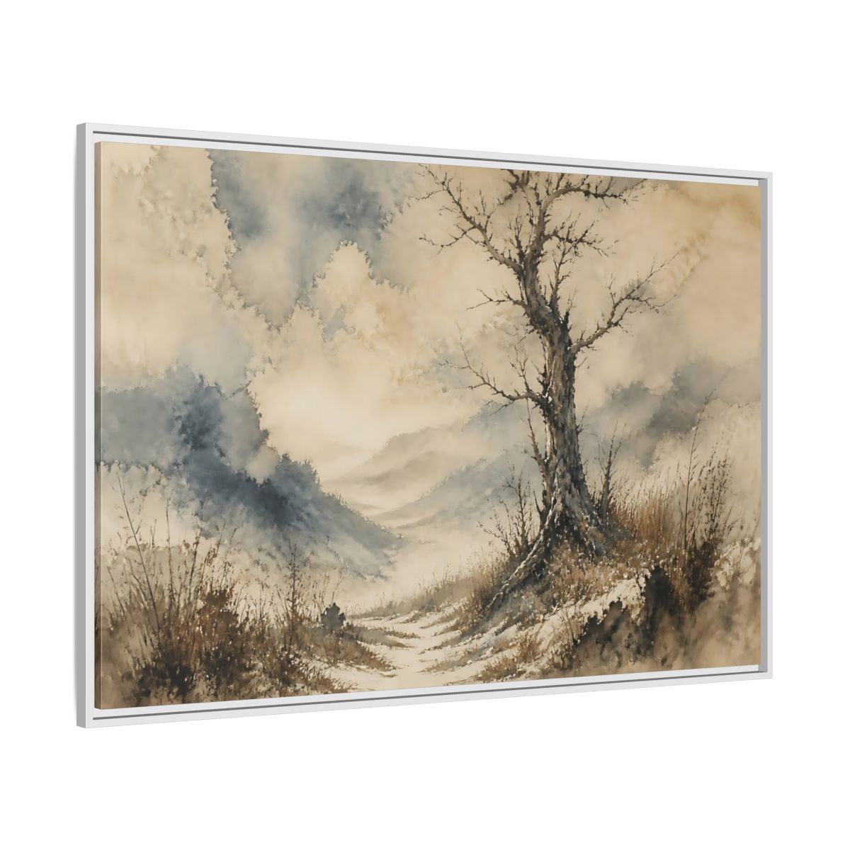 Side Mockup 7. Solitary Winter Tree shown as framed canvas print
