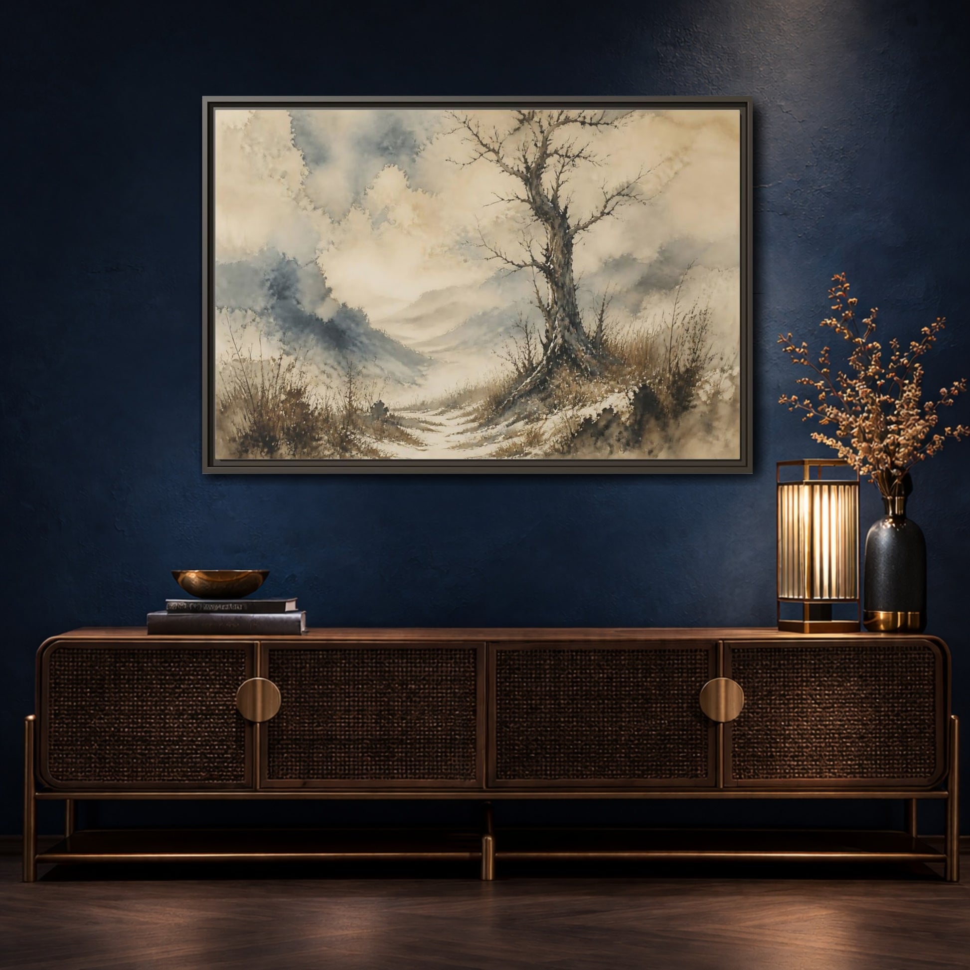 Mockup 4. Solitary Winter Tree shown as framed canvas print