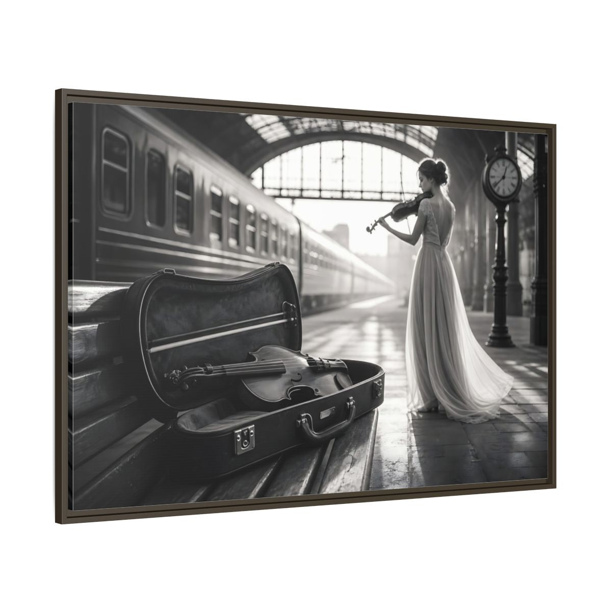 Side Mockup 8. Solo At The Station shown as framed canvas print