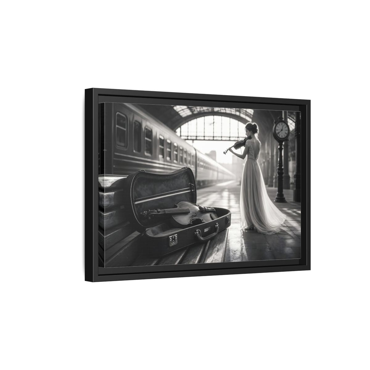 Side Mockup 6. Solo At The Station shown as framed canvas print