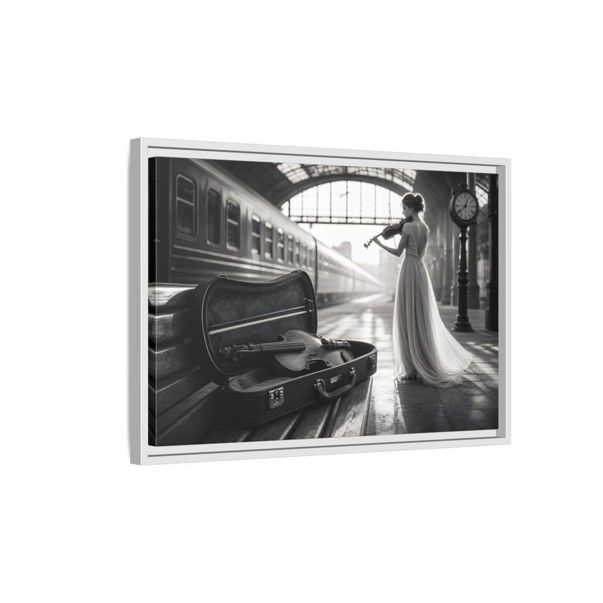 Side Mockup 1. Solo At The Station shown as framed canvas print