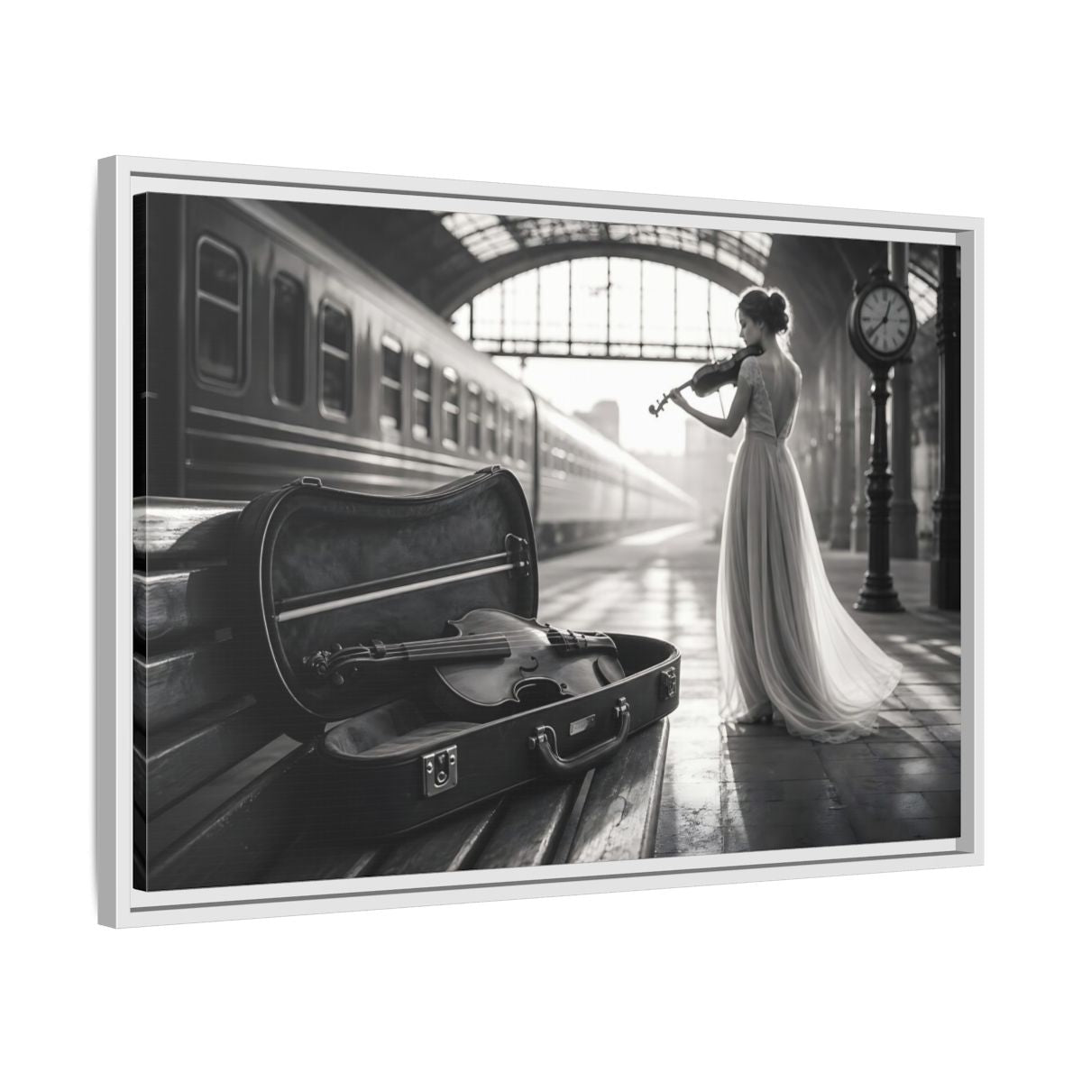Side Mockup 10. Solo At The Station shown as framed canvas print