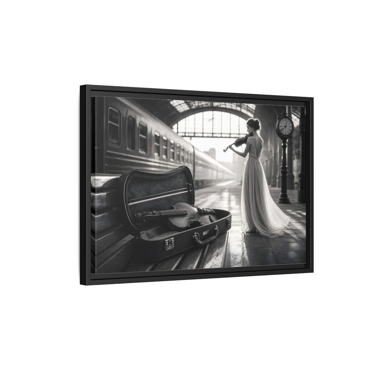 Side Mockup 3. Solo At The Station shown as framed canvas print