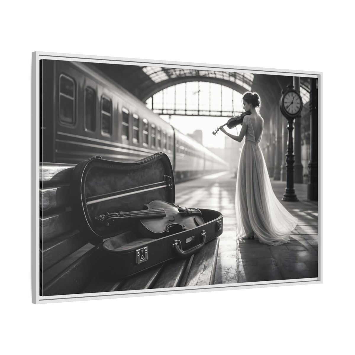 Side Mockup 7. Solo At The Station shown as framed canvas print