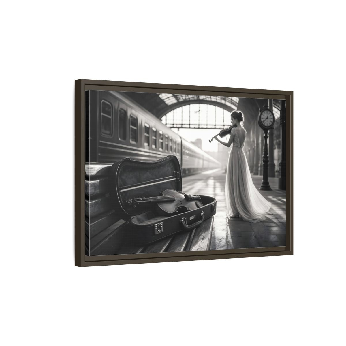 Side Mockup 2. Solo At The Station shown as framed canvas print