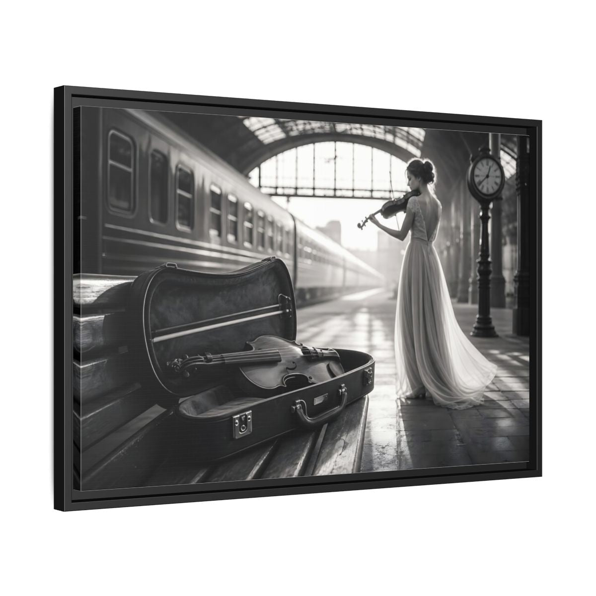 Side Mockup 14. Solo At The Station shown as framed canvas print
