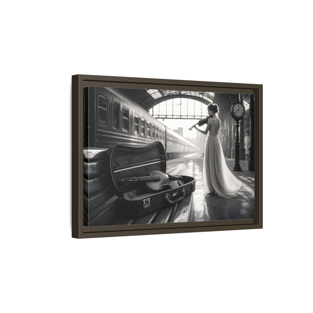 Side Mockup 5. Solo At The Station shown as framed canvas print