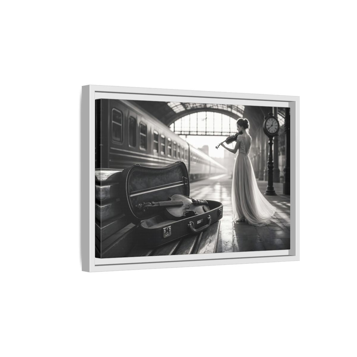 Side Mockup 4. Solo At The Station shown as framed canvas print