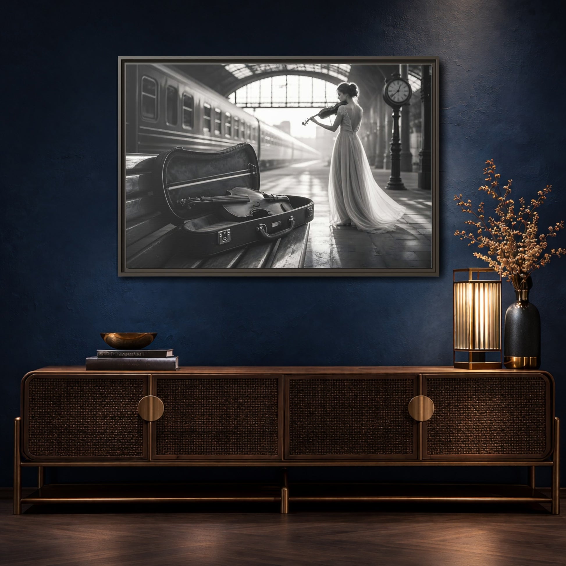Mockup 4. Solo At The Station shown as framed canvas print