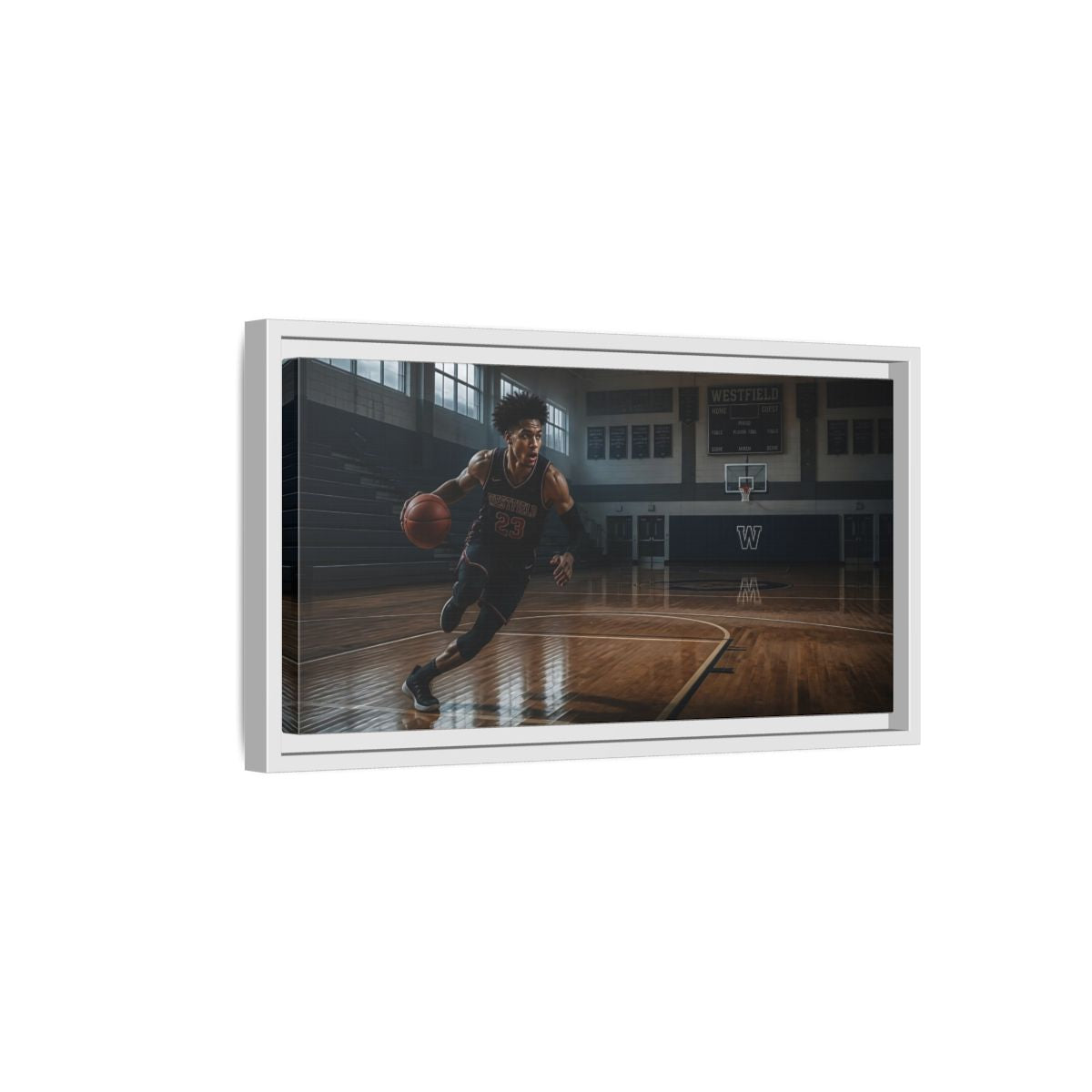 Side Mockup 6. Solo Court Charge shown as framed canvas print
