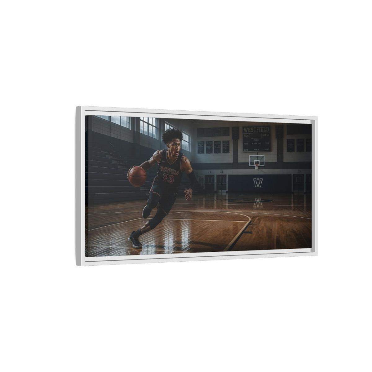 Side Mockup 1. Solo Court Charge shown as framed canvas print