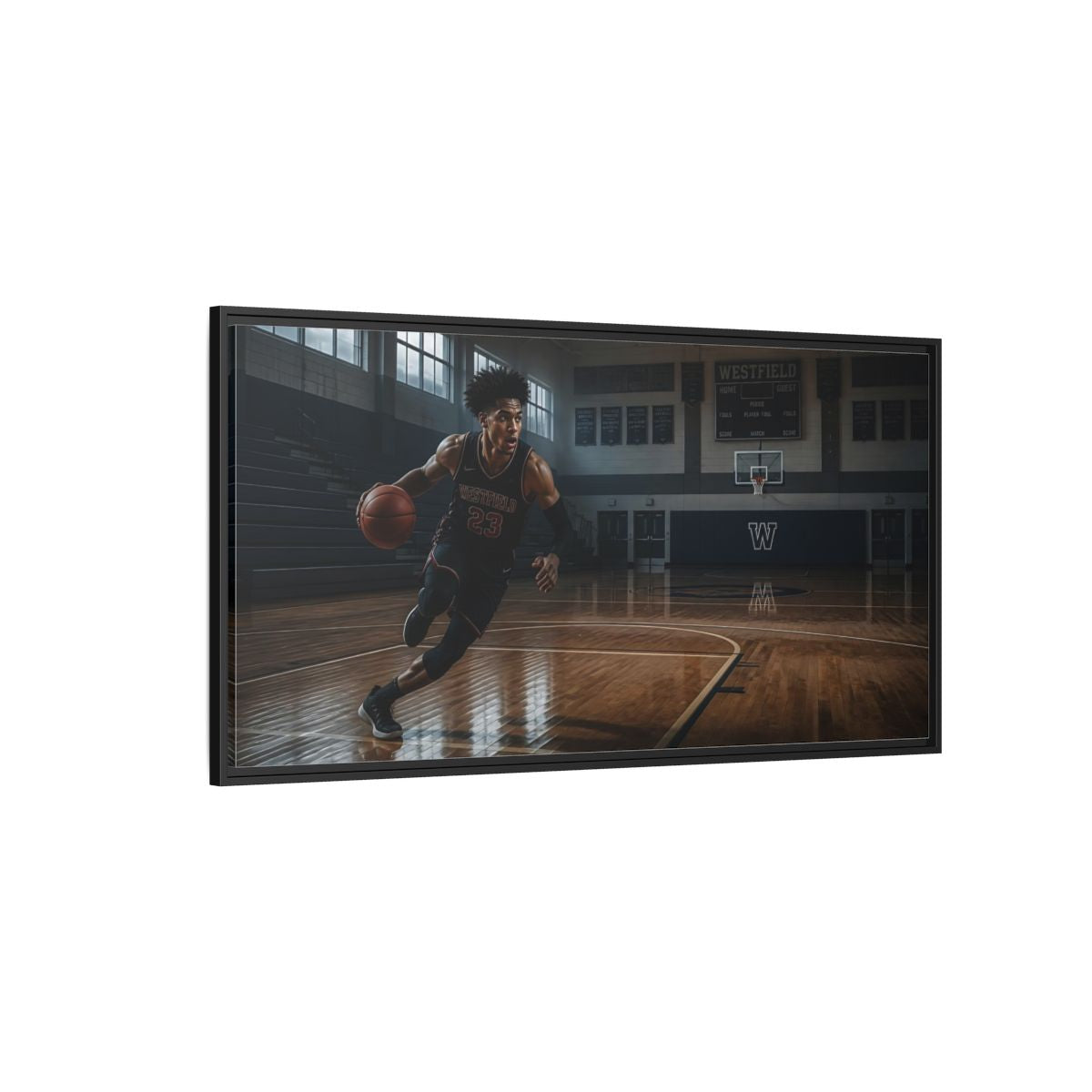 Side Mockup 5. Solo Court Charge shown as framed canvas print