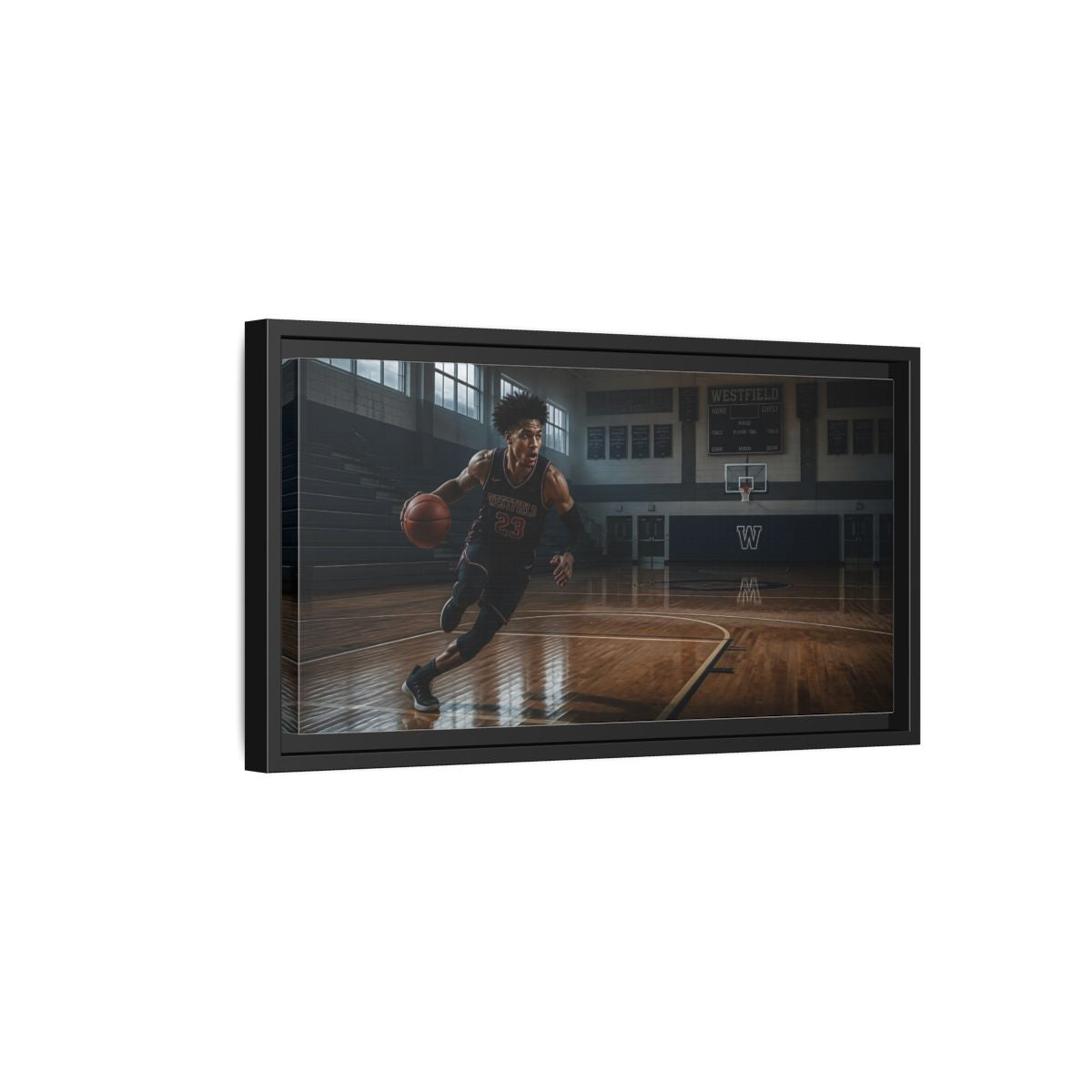 Side Mockup 8. Solo Court Charge shown as framed canvas print