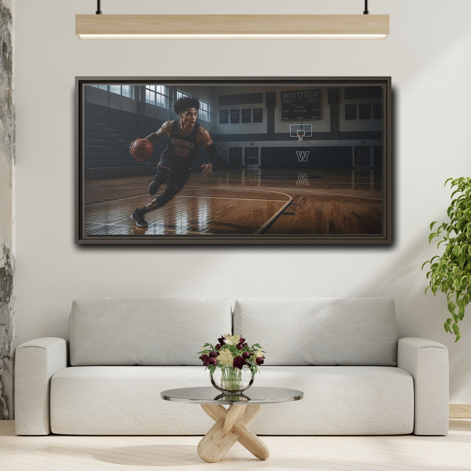 Mockup 2. Solo Court Charge shown as framed canvas print