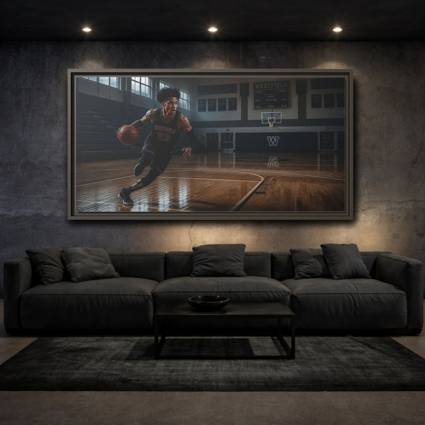 Mockup 3. Solo Court Charge shown as framed canvas print