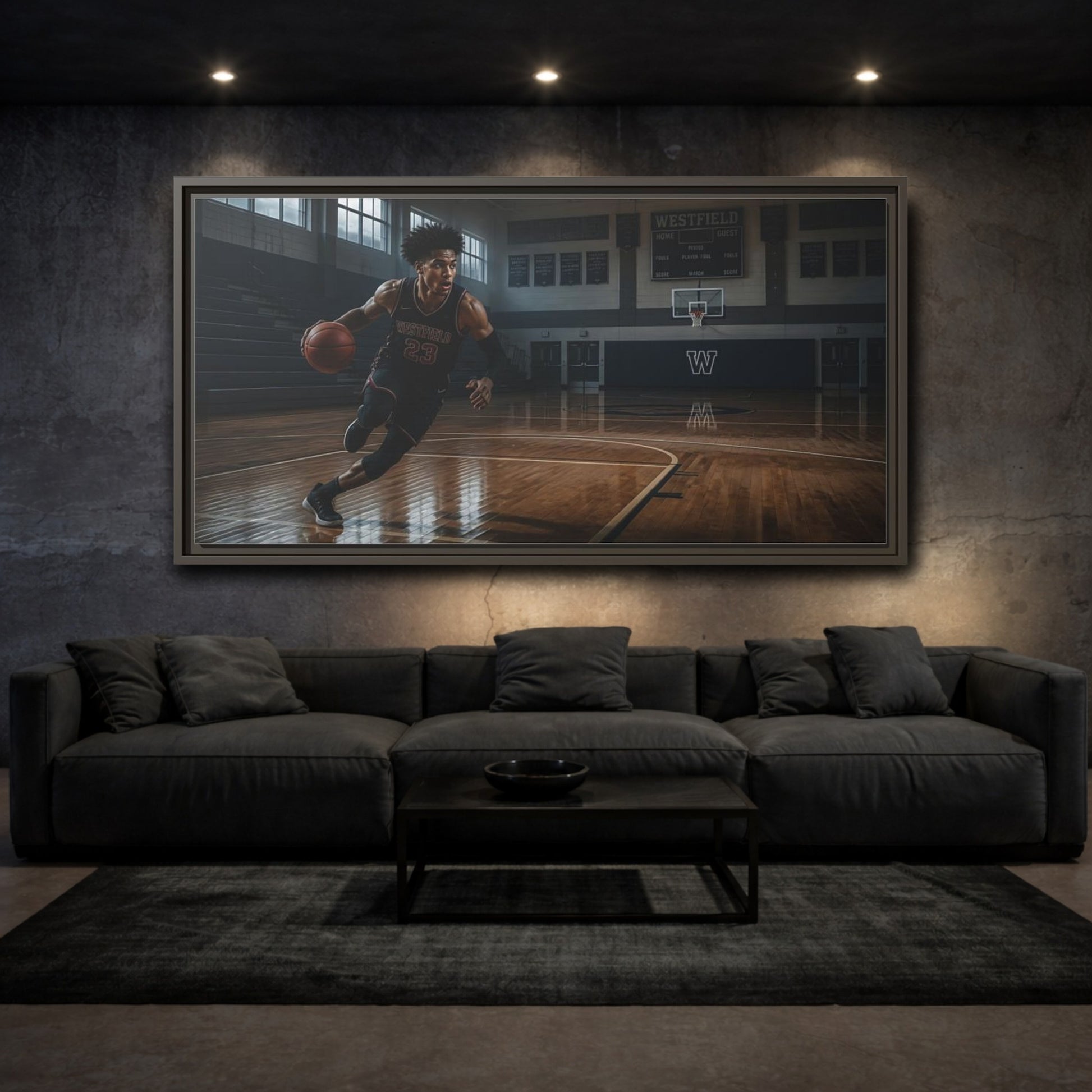 Mockup 3. Solo Court Charge shown as framed canvas print