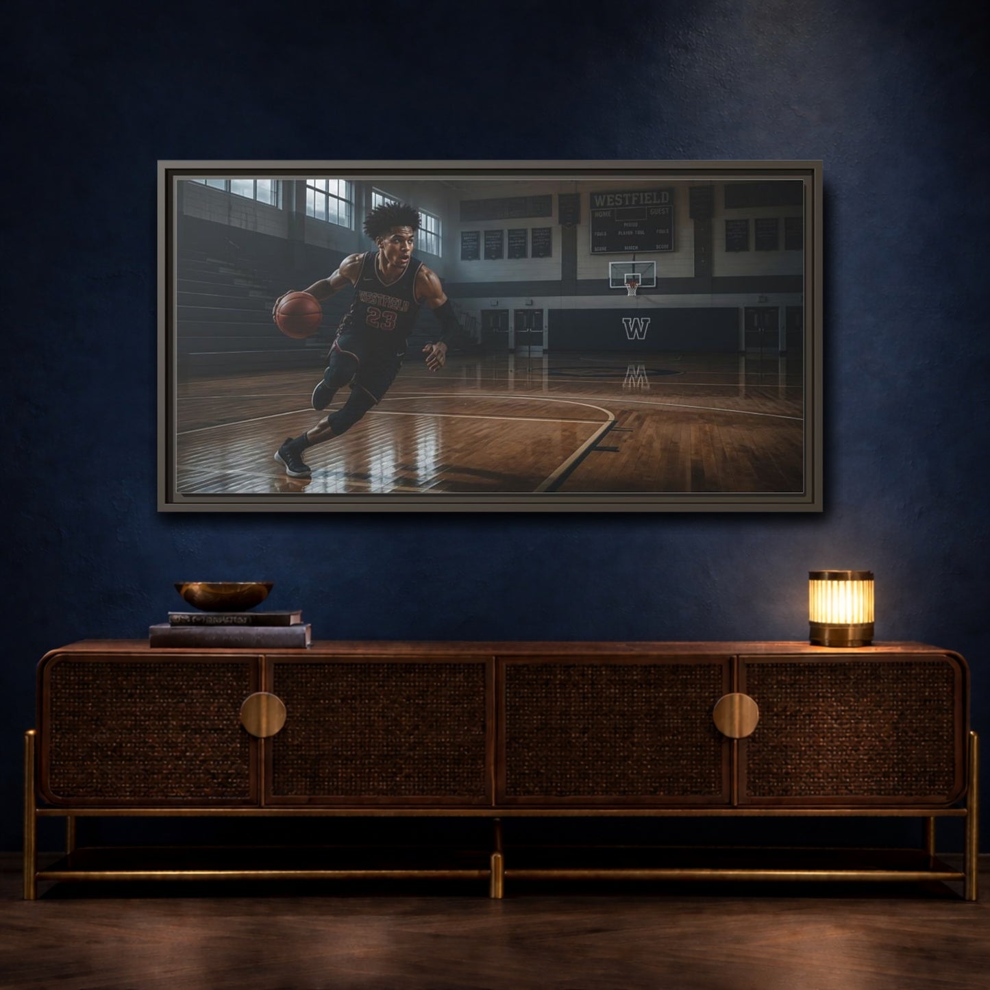 Mockup 4. Solo Court Charge shown as framed canvas print
