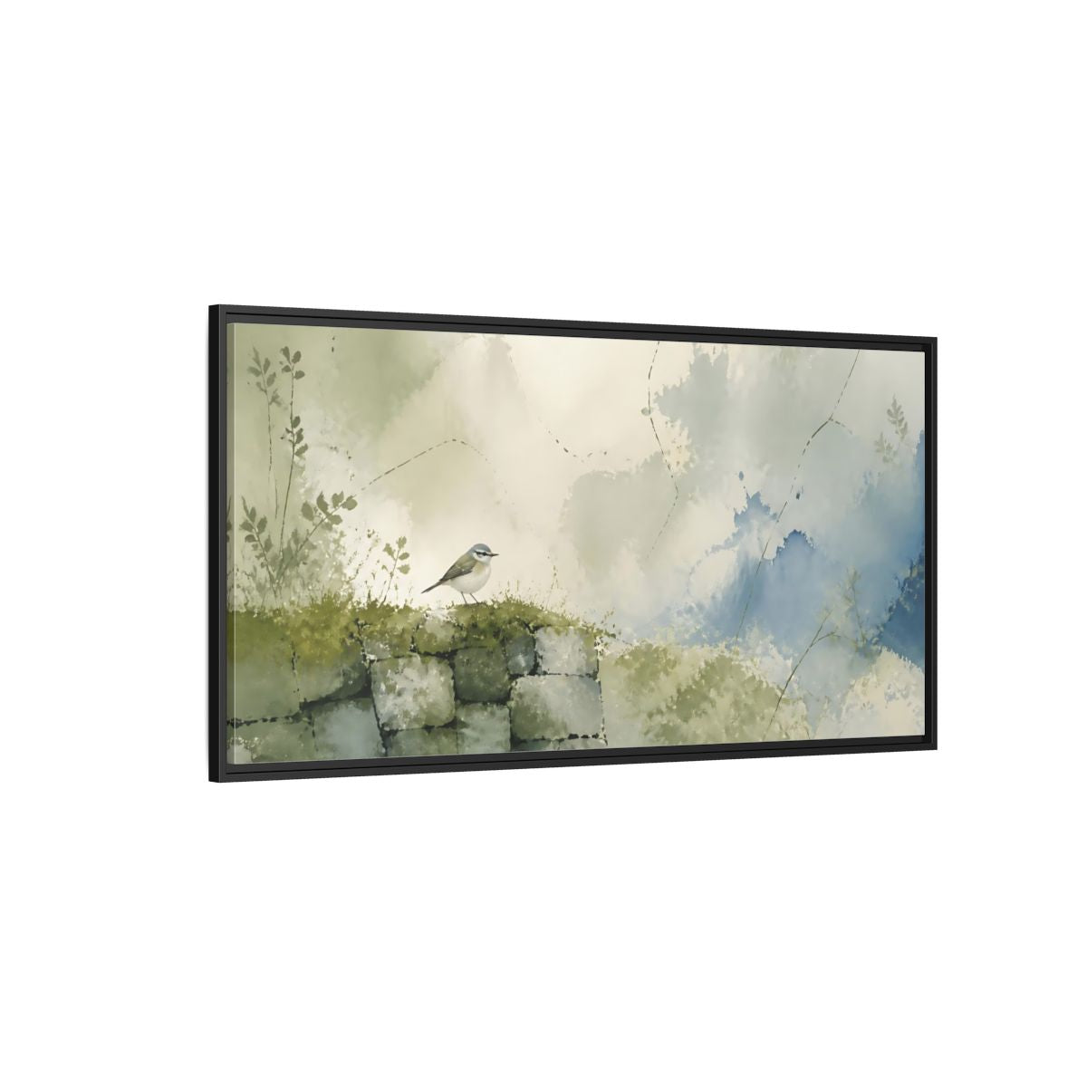 Side Mockup 5. Songbird On Mossy Wall shown as framed canvas print