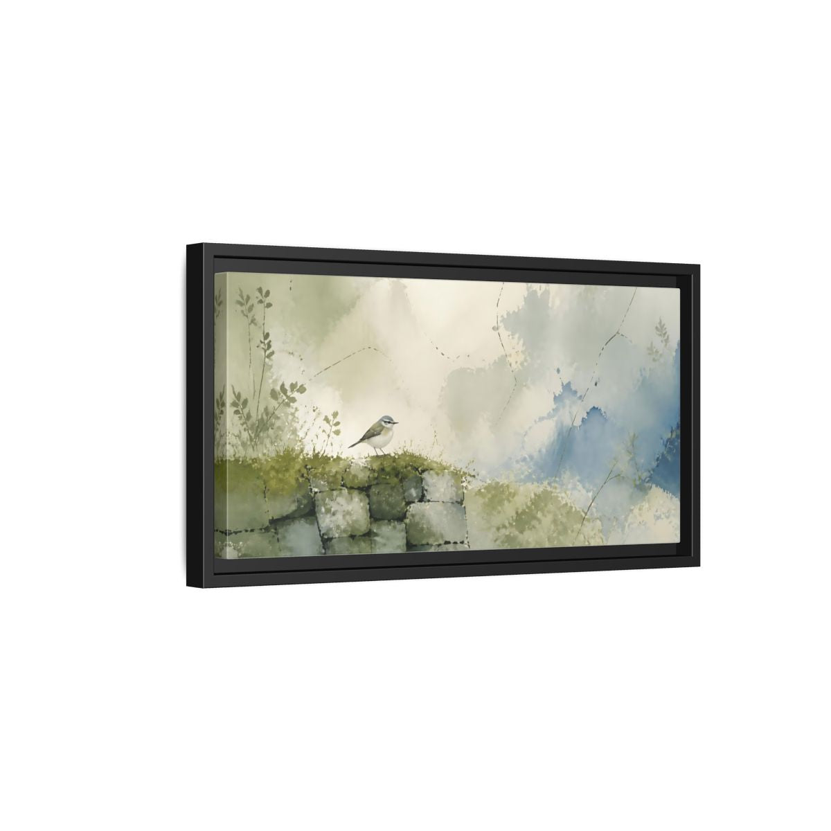 Side Mockup 8. Songbird On Mossy Wall shown as framed canvas print