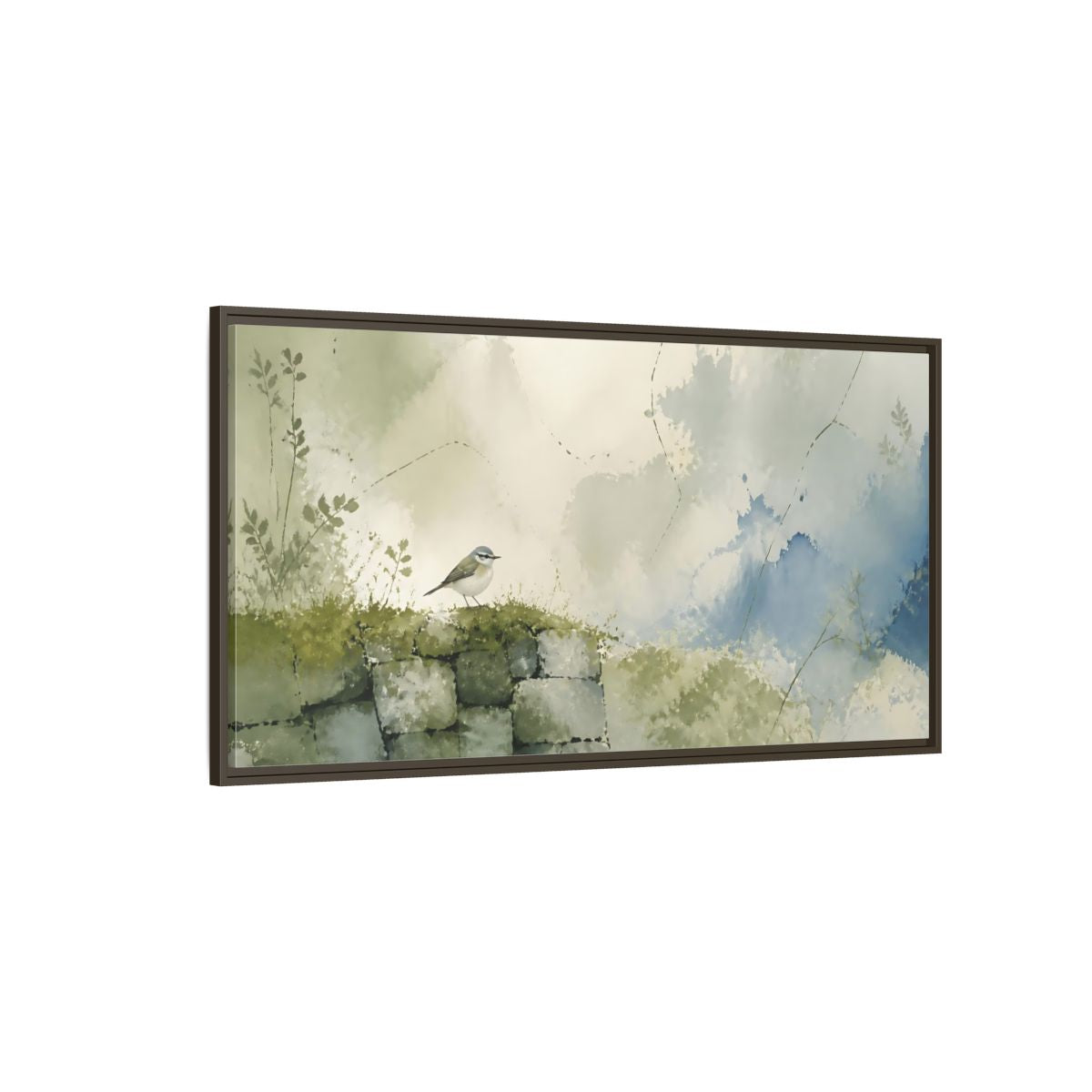 Side Mockup 4. Songbird On Mossy Wall shown as framed canvas print