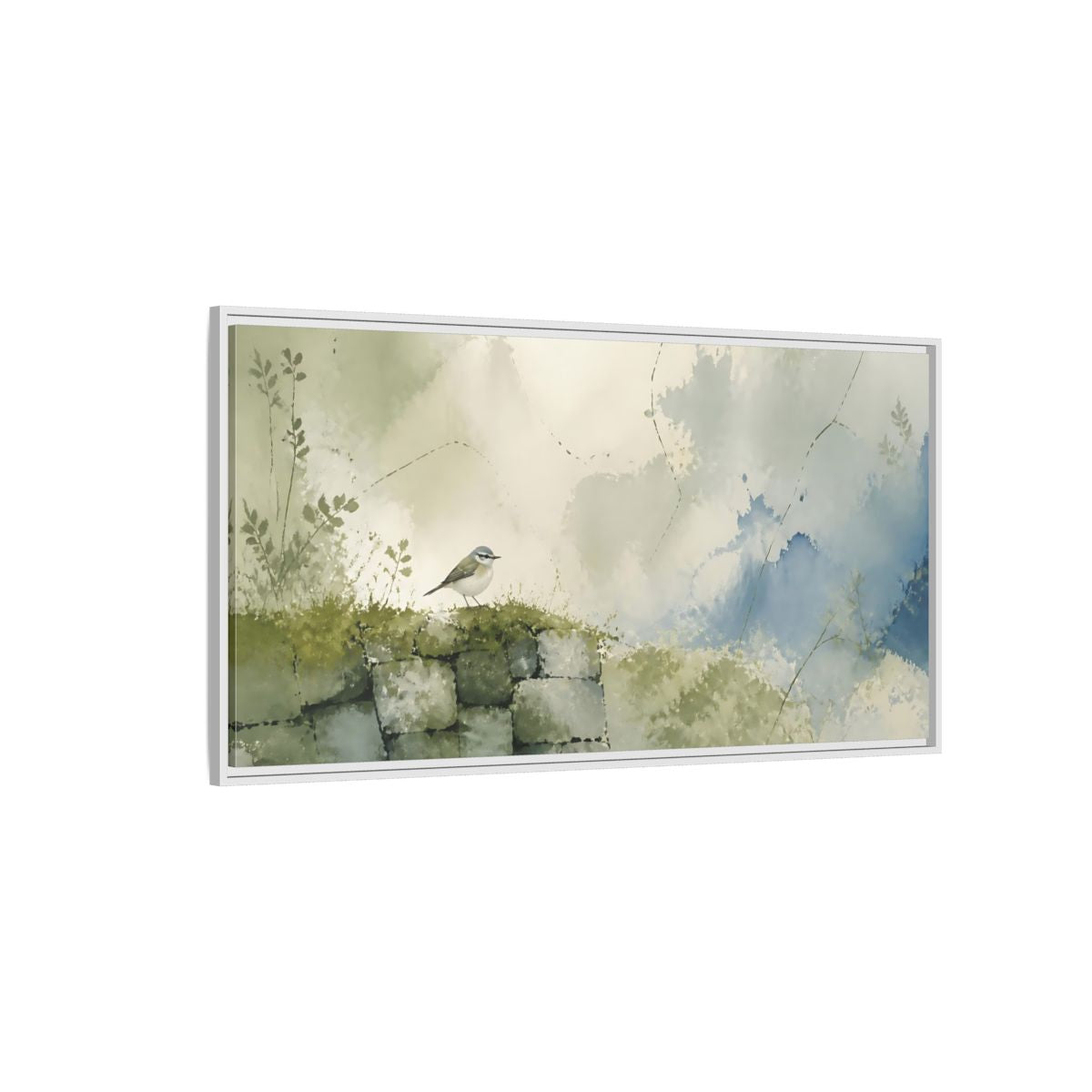 Side Mockup 3. Songbird On Mossy Wall shown as framed canvas print