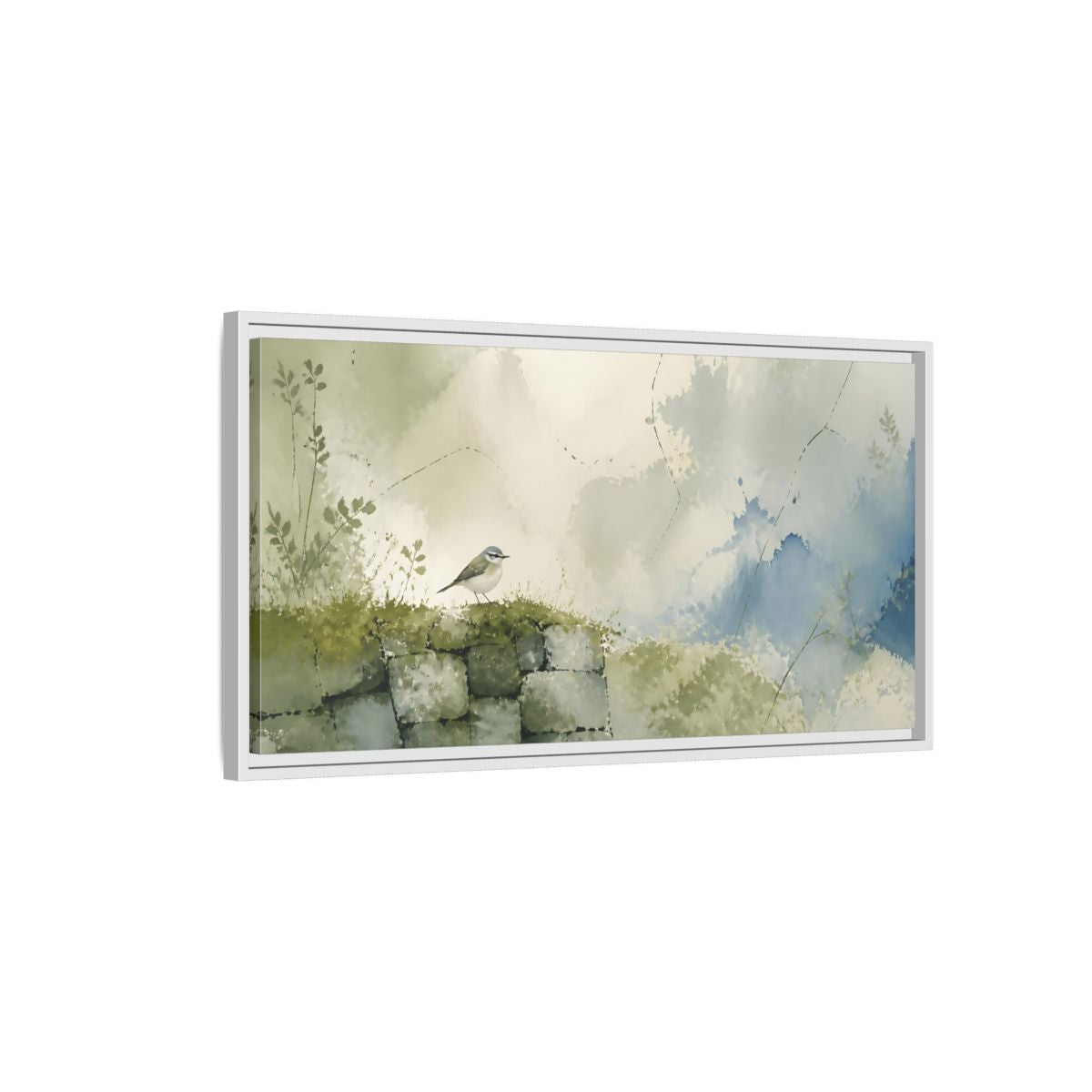 Side Mockup 1. Songbird On Mossy Wall shown as framed canvas print