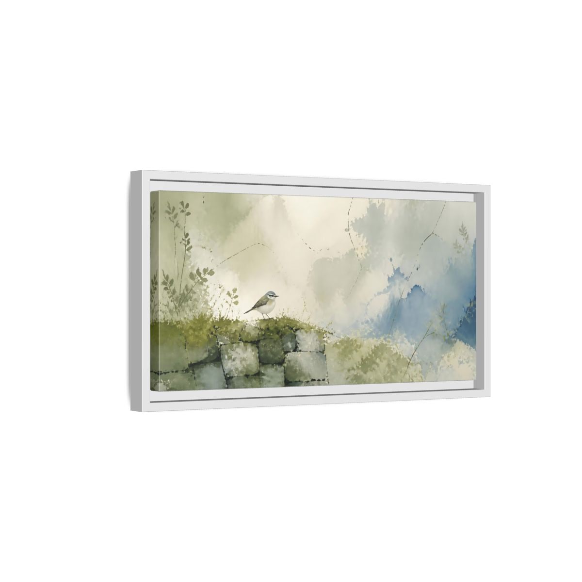 Side Mockup 6. Songbird On Mossy Wall shown as framed canvas print